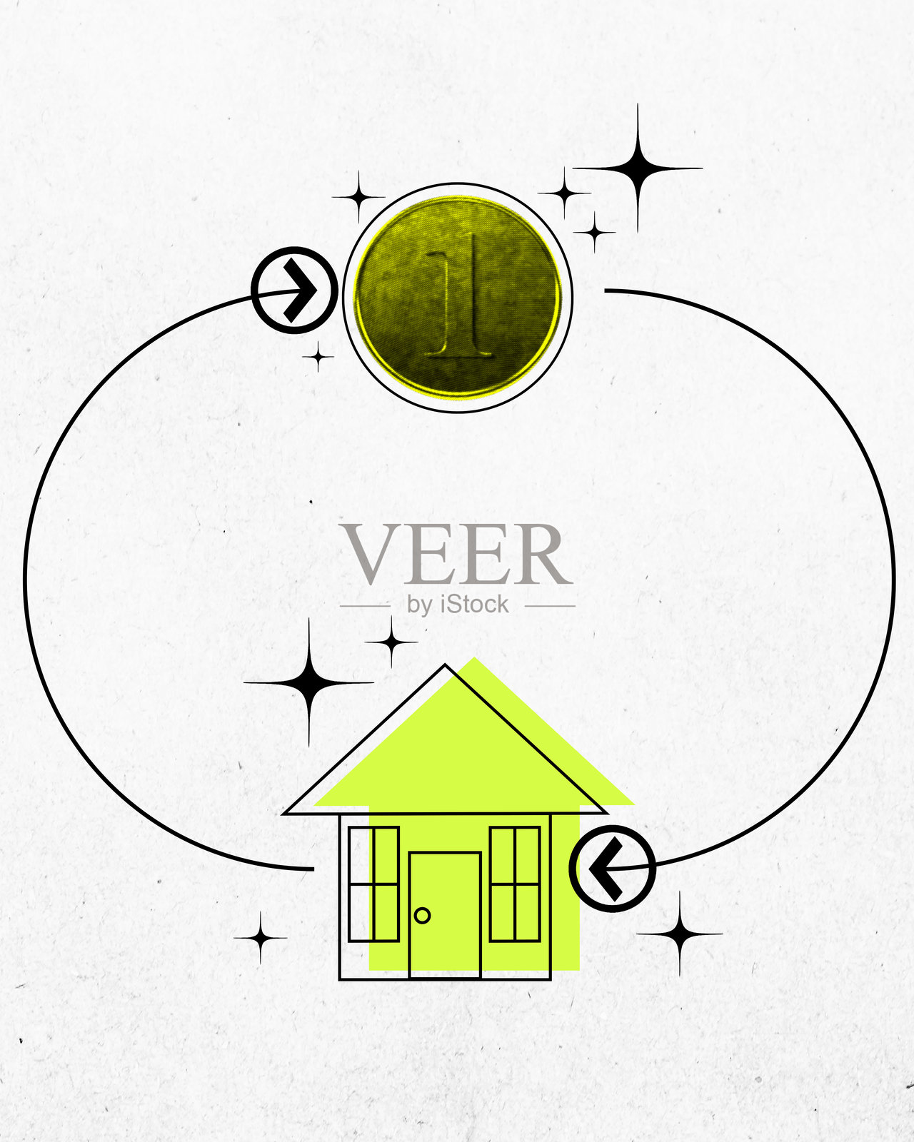画的房子上面有硬币。当代艺术拼贴。动态的金融增长和房地产投资，长期财富照片摄影图片