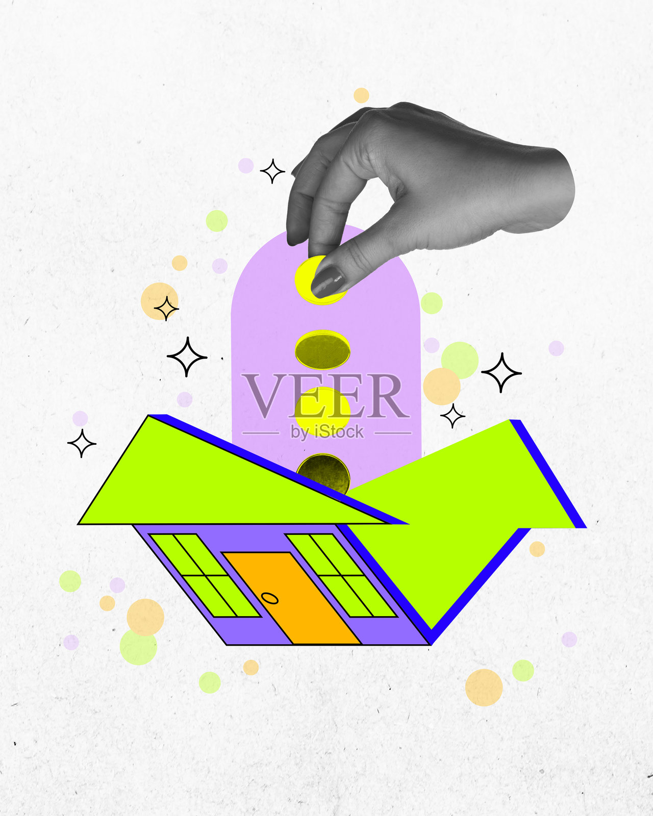 手把金币放进一个带箭头符号的小样板房。当代艺术拼贴。明智的投资，向上的财务流动性和长期繁荣。照片摄影图片