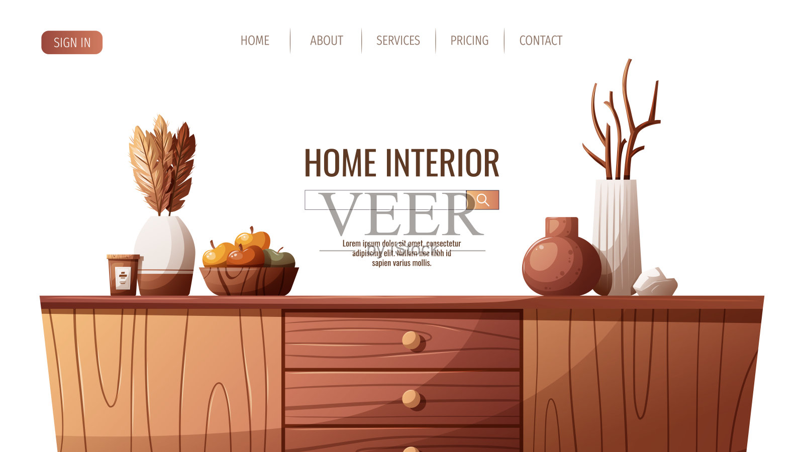 网页设计与木制电视架和装饰花瓶。室内设计，家具，客厅，家居装饰概念。矢量插图的横幅，网站。插画图片素材