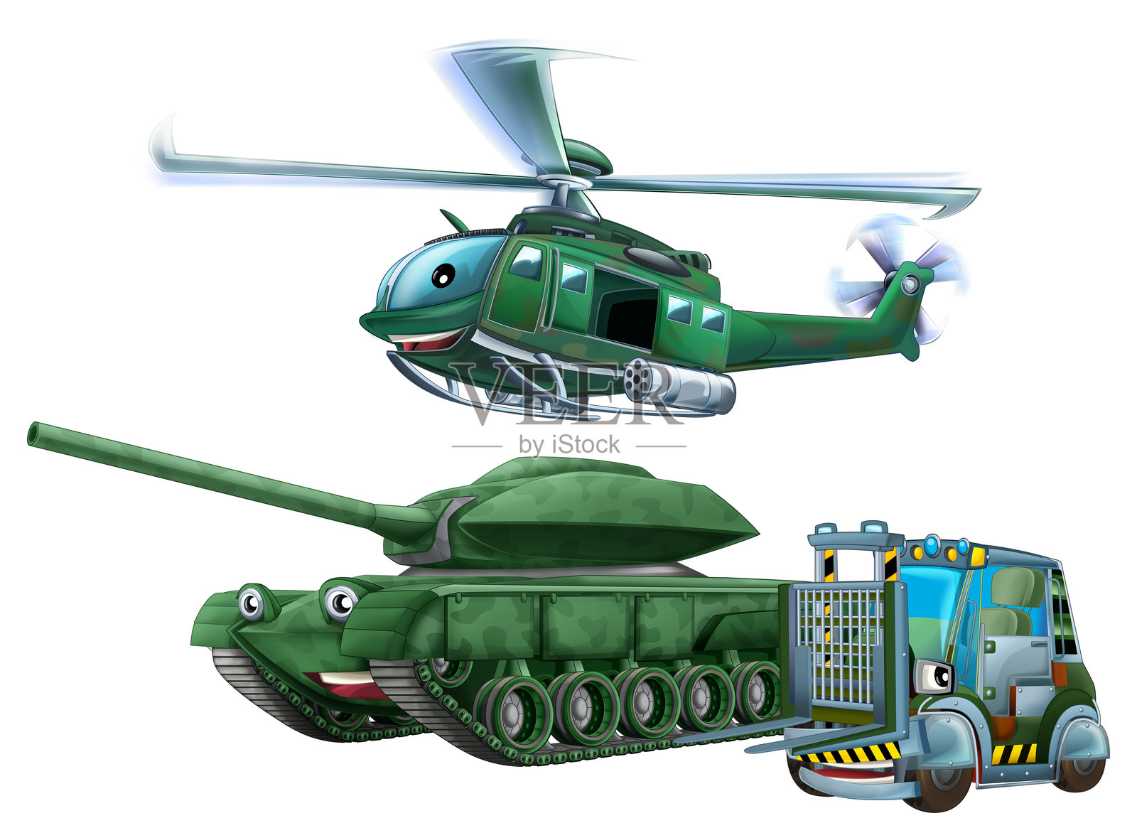 卡通场景以两辆军车、车辆、坦克、蓄水池、叉车、飞行器、直升机、机械兵为主题的儿童孤立背景插画插画图片素材