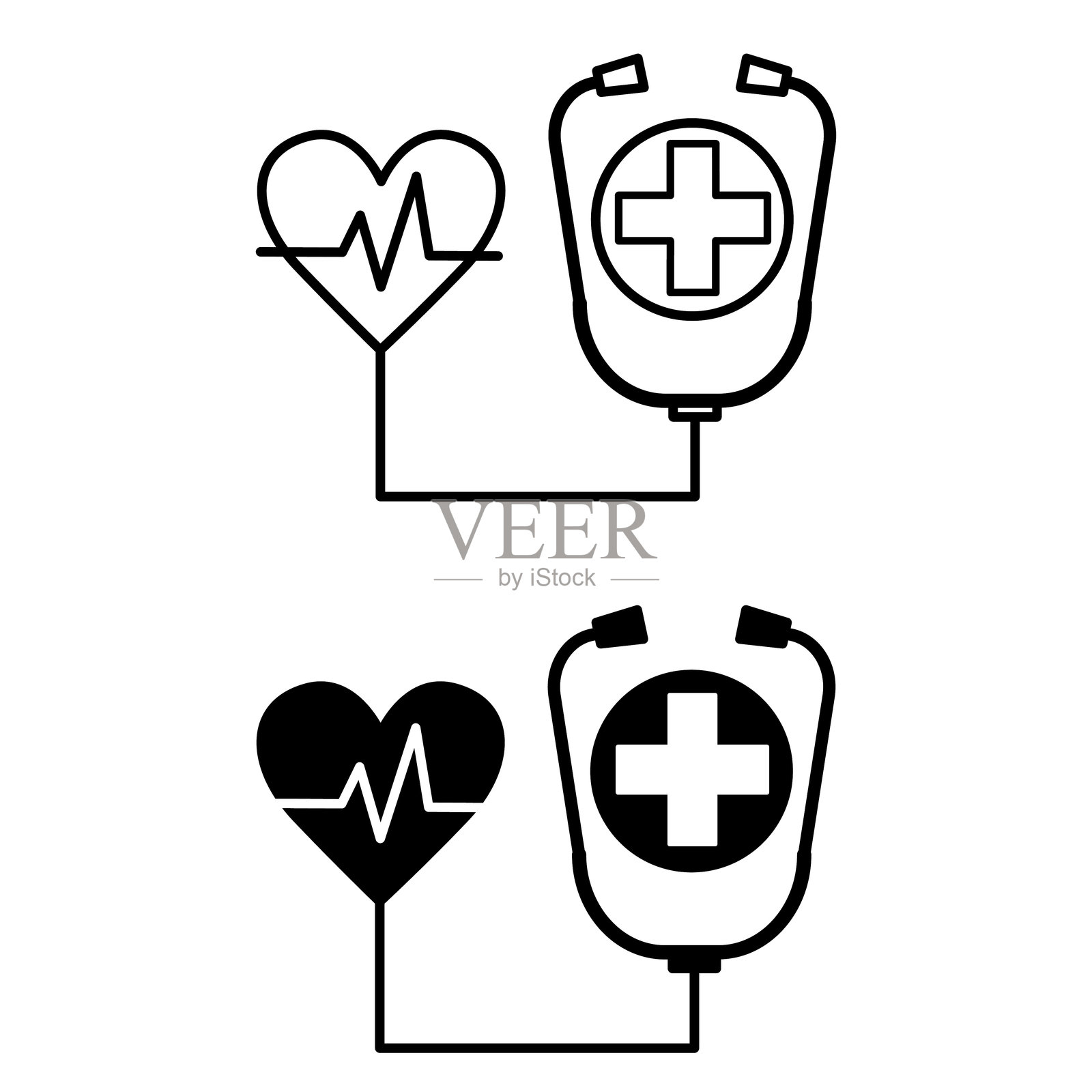 健康的图标。黑色和白色矢量图标。血压计，搏动心脏，医学十字健康生活方式理念插画图片素材
