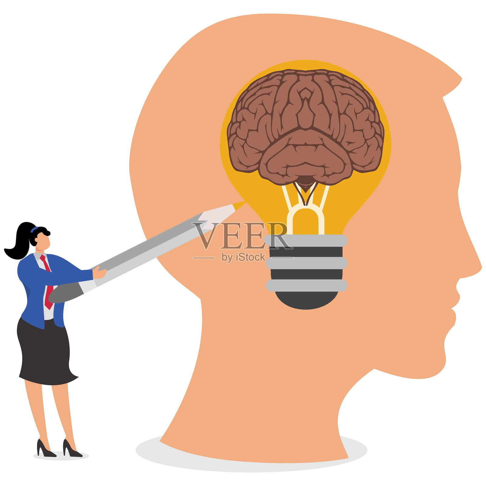 女商人的大脑里面画着一个发光的灯泡，创意和想法，商业创意和灵感插画图片素材