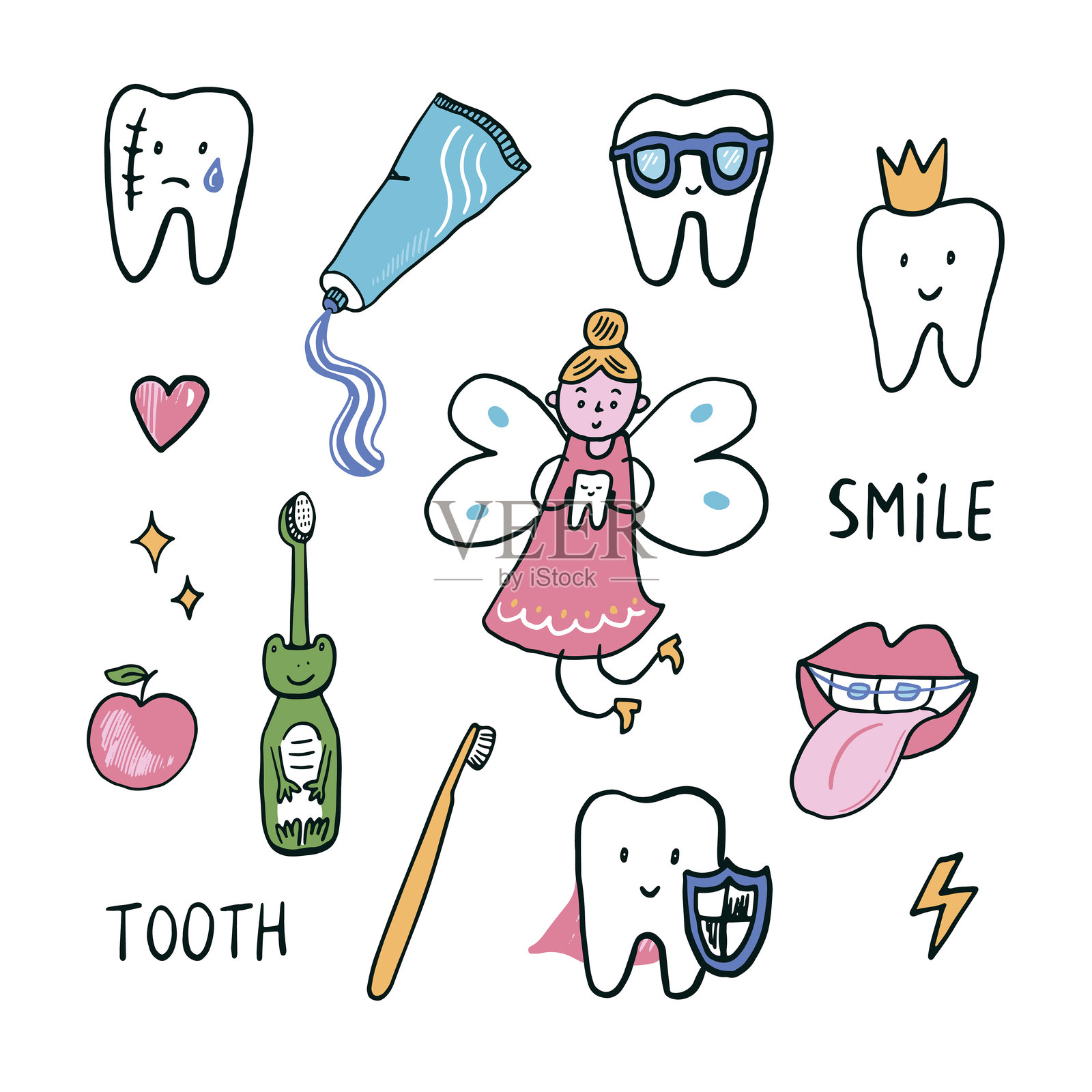 牙齿和牙齿护理的涂鸦。手绘矢量插图。插画图片素材