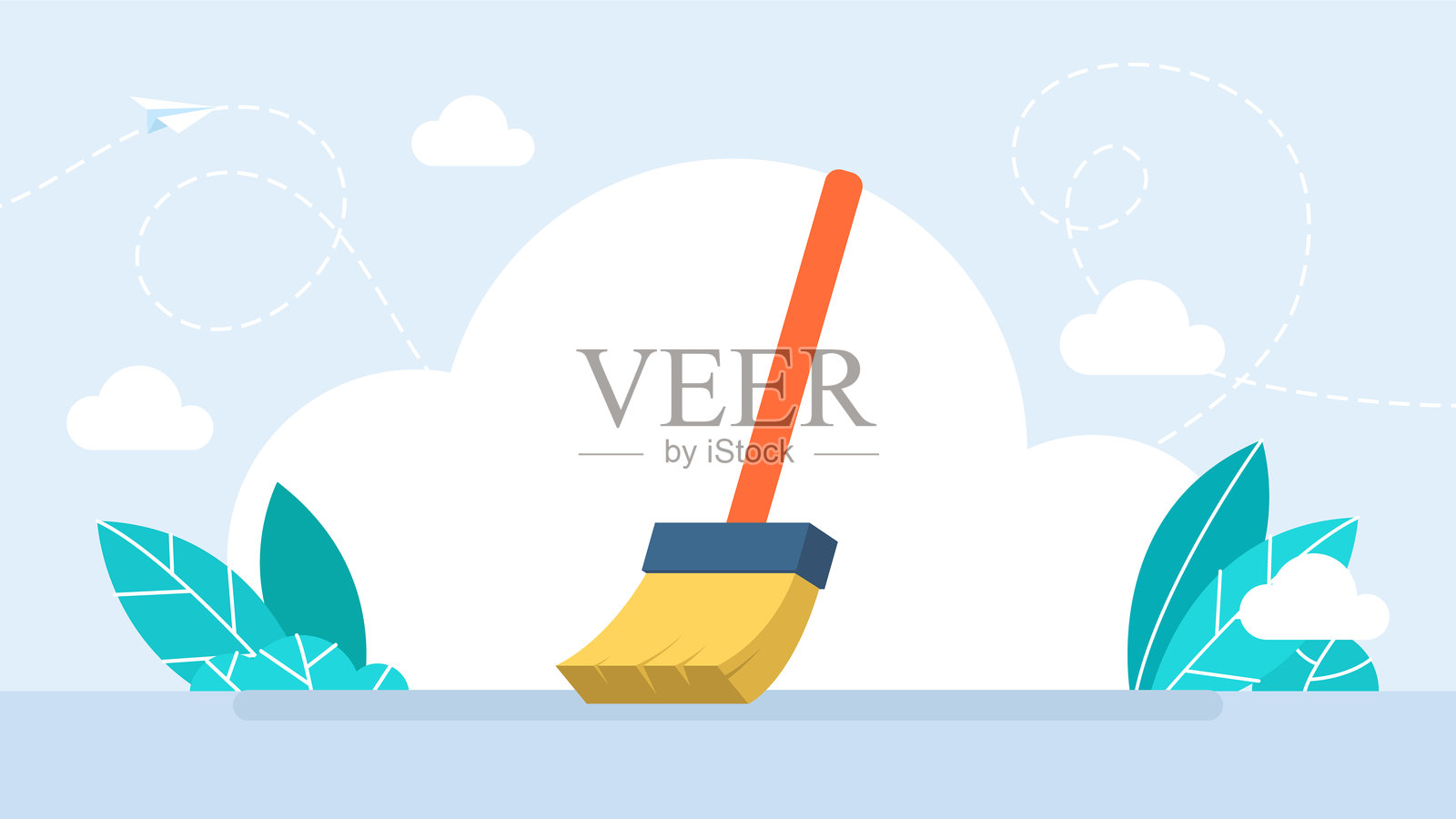 扫帚向量。地板扫把用于掸去地板上的灰尘，进行清洁。清洁扫帚服务和任何商业清洁。平的风格。矢量图插画图片素材