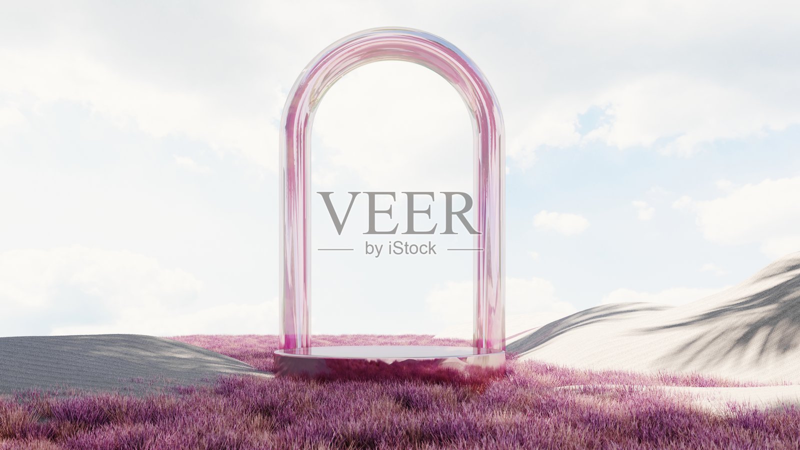 超现实景观的3d渲染与彩色草和沙子。幻想的世界，未来的幻想形象。照片摄影图片