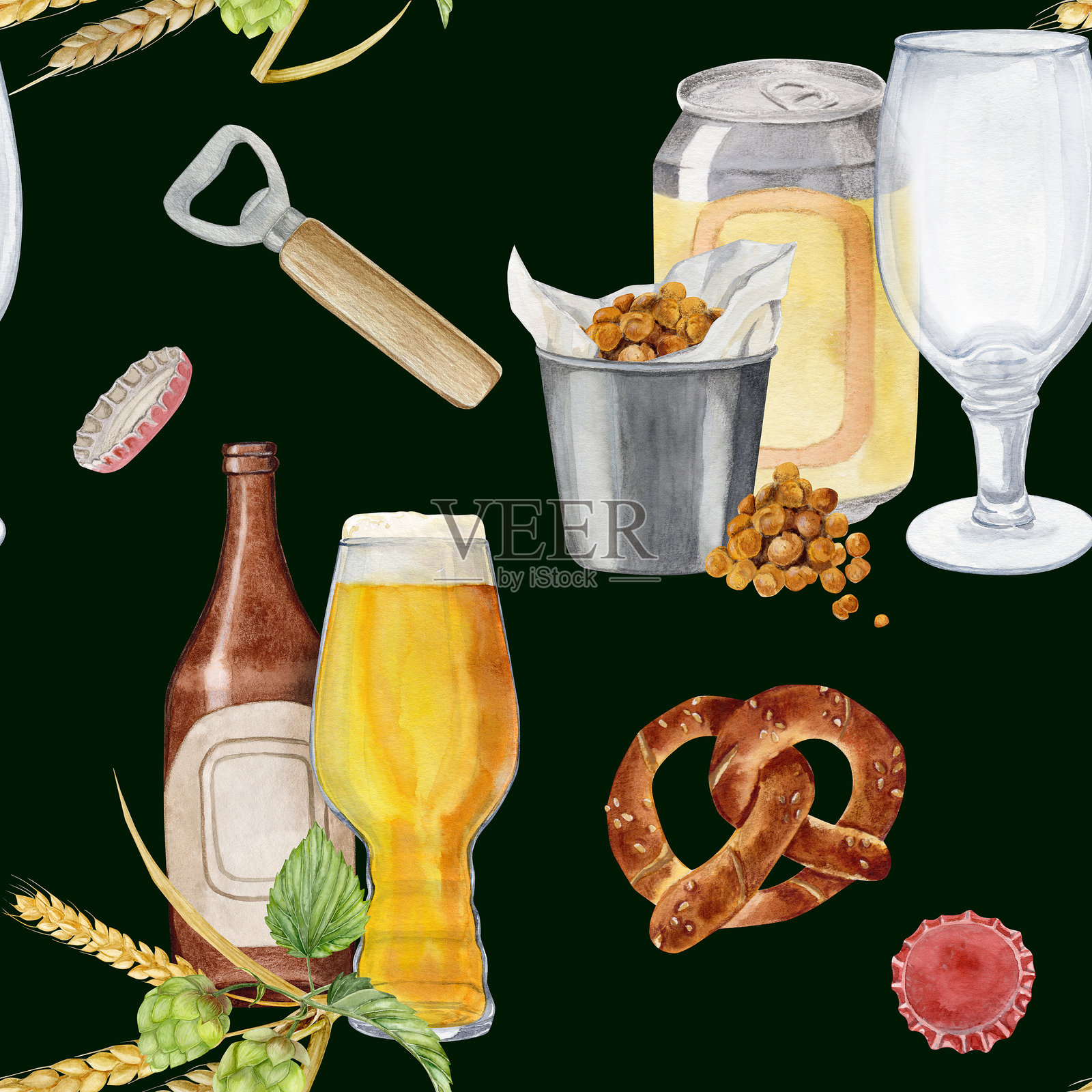 水彩图案啤酒罐与啤酒玻璃和豆子零食桶，钢质开瓶器和瓶盖，啤酒瓶与啤酒花和麦芽形状的玻璃插画图片素材
