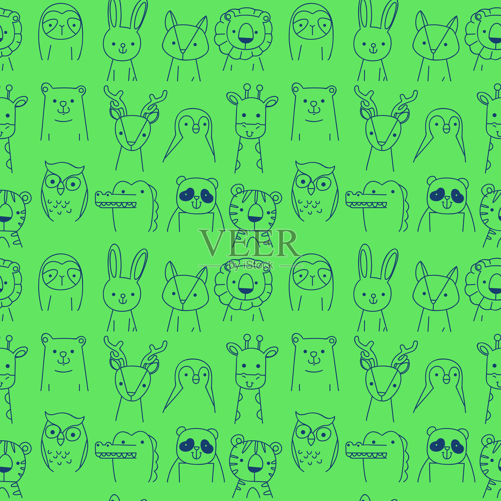 可爱的无缝图案，树懒，兔子，狮子，狐狸，企鹅，鳄鱼，老虎，猫头鹰，熊猫，北极熊，熊，驯鹿和长颈鹿。手绘矢量插图。插画图片素材