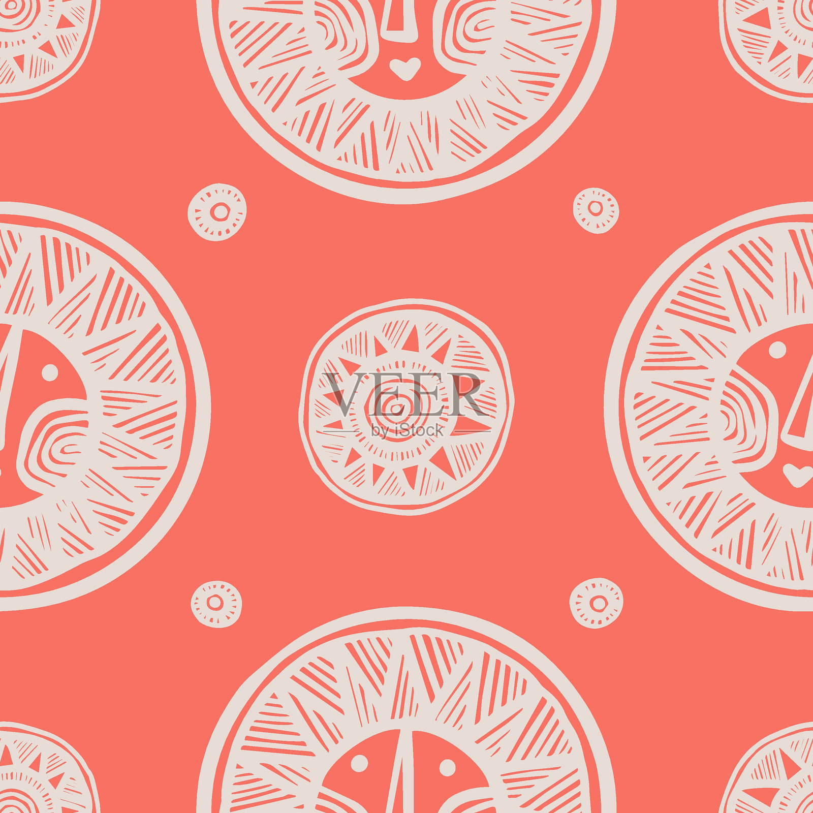 无缝矢量图案与可爱的微笑手绘太阳在一个粉红色的背景插画图片素材