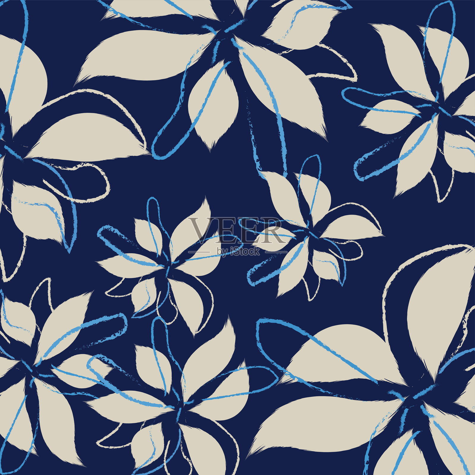 蓝色花卉图案，纹理矢量，带无缝图案，深蓝色纺织艺术，手绘风格背景，鲜艳色彩，适合面料印刷的时尚艺术作品。插画图片素材