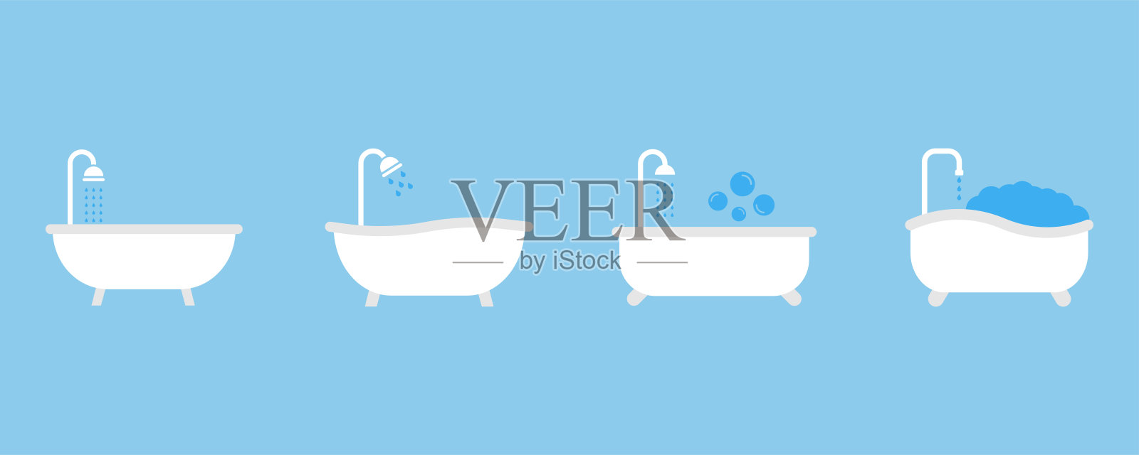 一组彩色浴缸矢量图标。用泡沫和泡沫洗澡。蓝色背景的浴室。插画图片素材