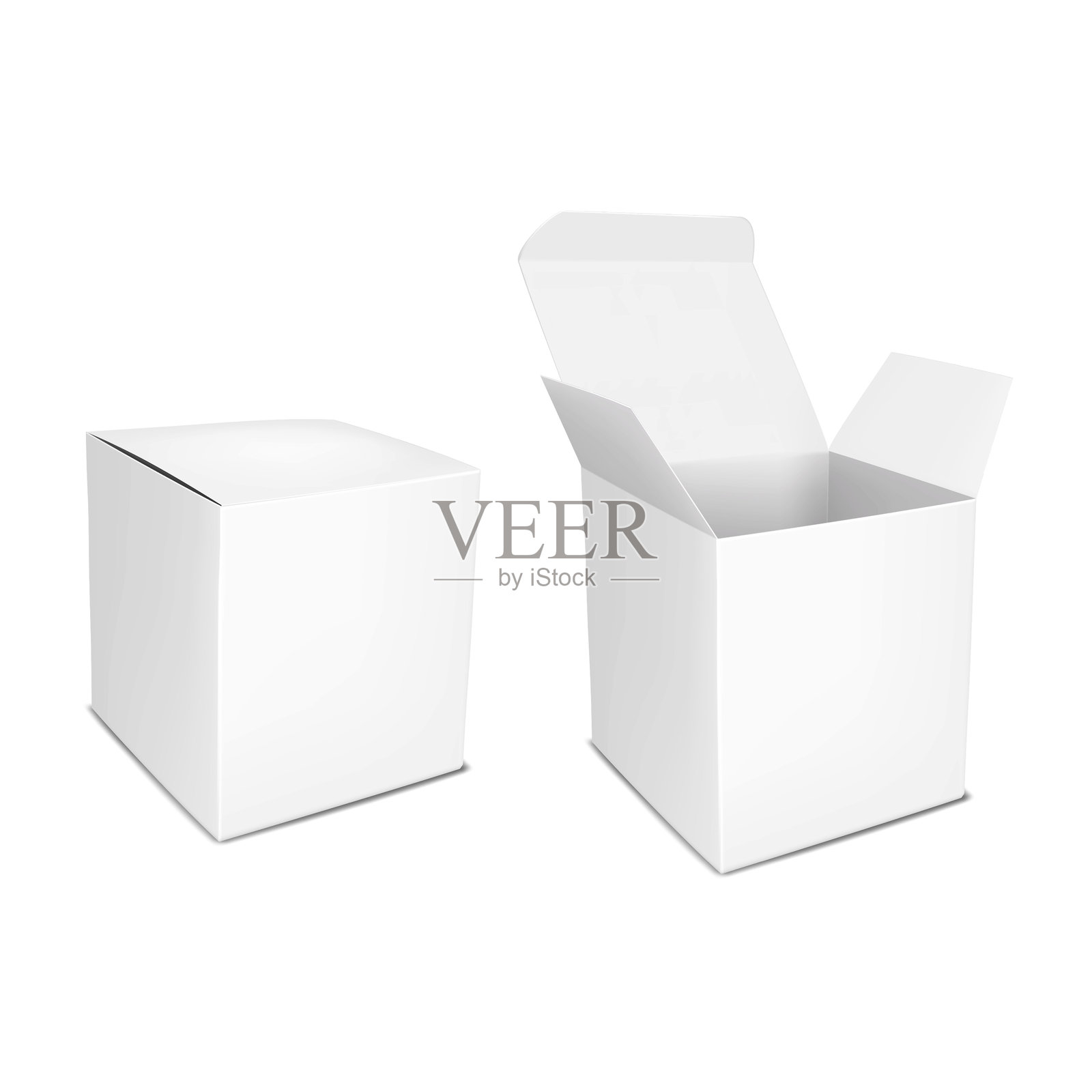 空白的白色方形纸箱，有铰链盖，可关闭和打开。现实的矢量模型。纸箱、纸盒包装。设计模型插画图片素材