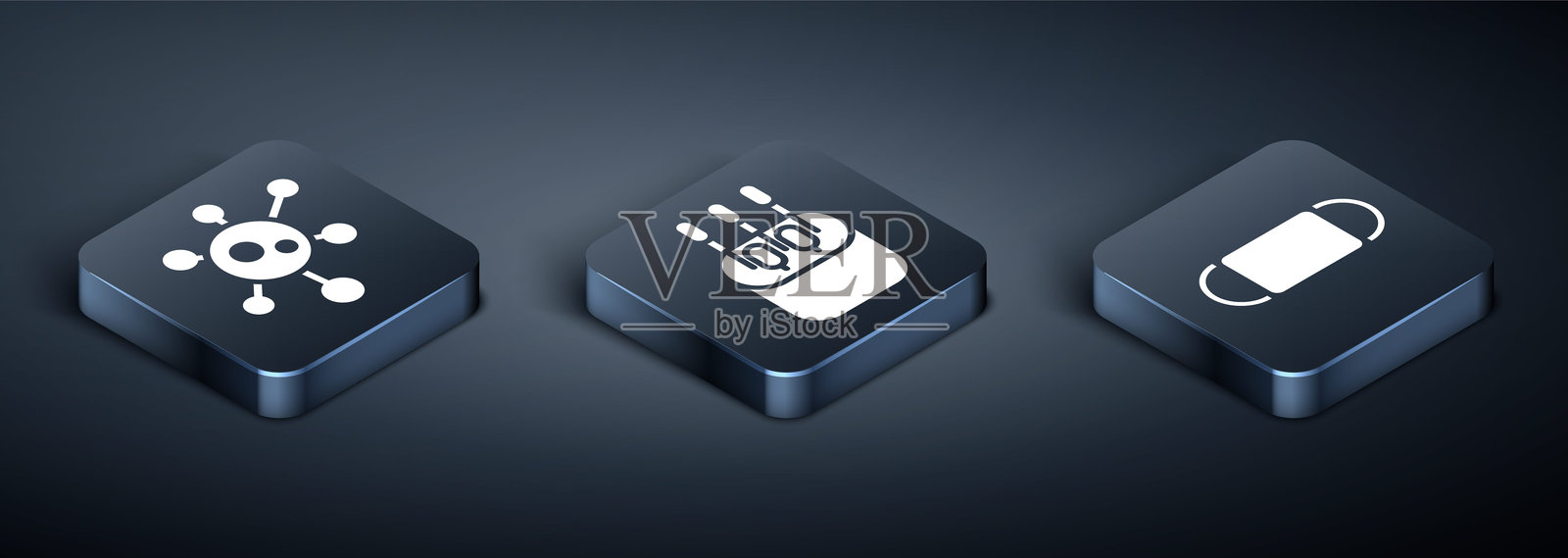 设置等距病毒、医用防护口罩和耳朵棉签图标。向量插画图片素材