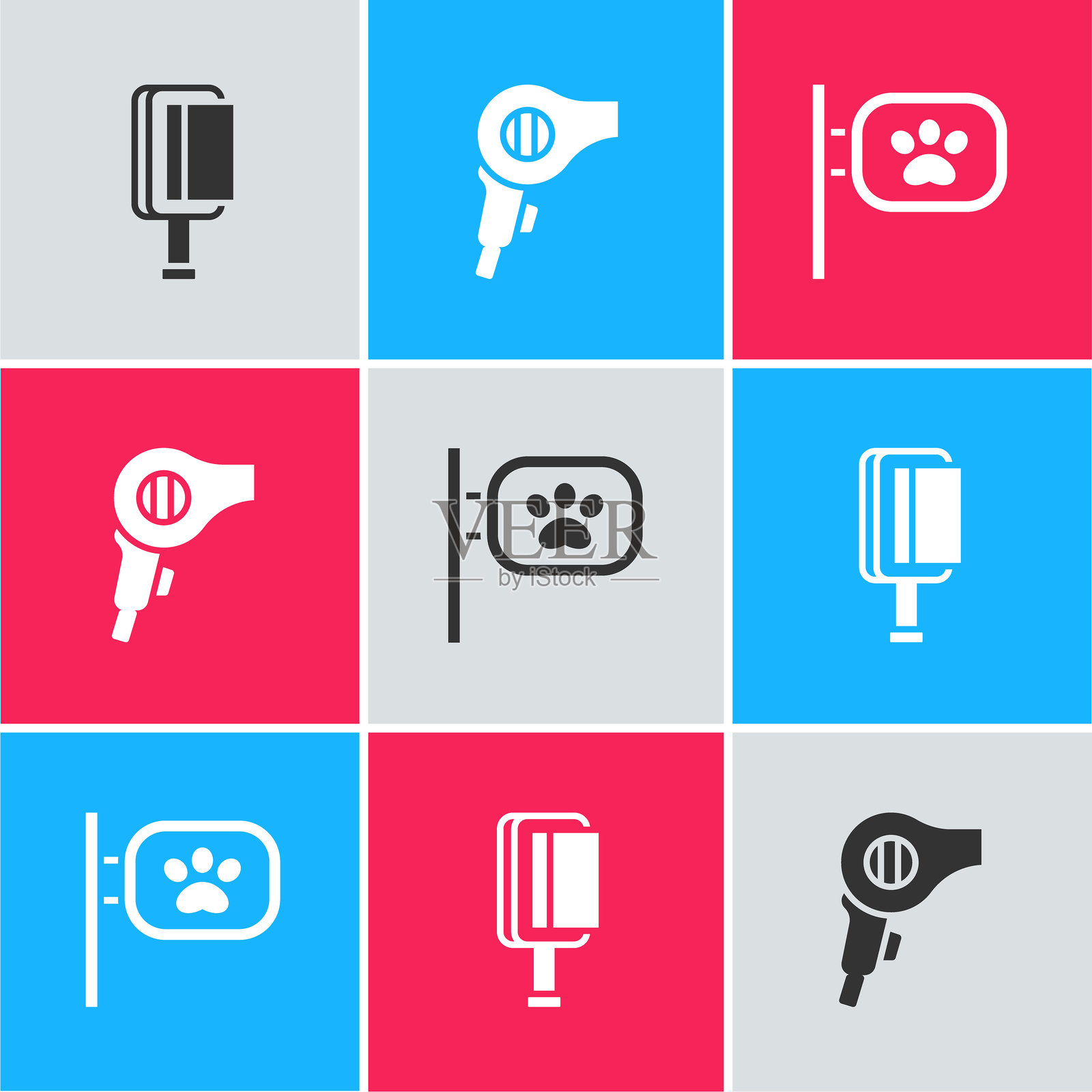 设置毛刷狗和猫，烘干机和宠物美容图标。向量插画图片素材