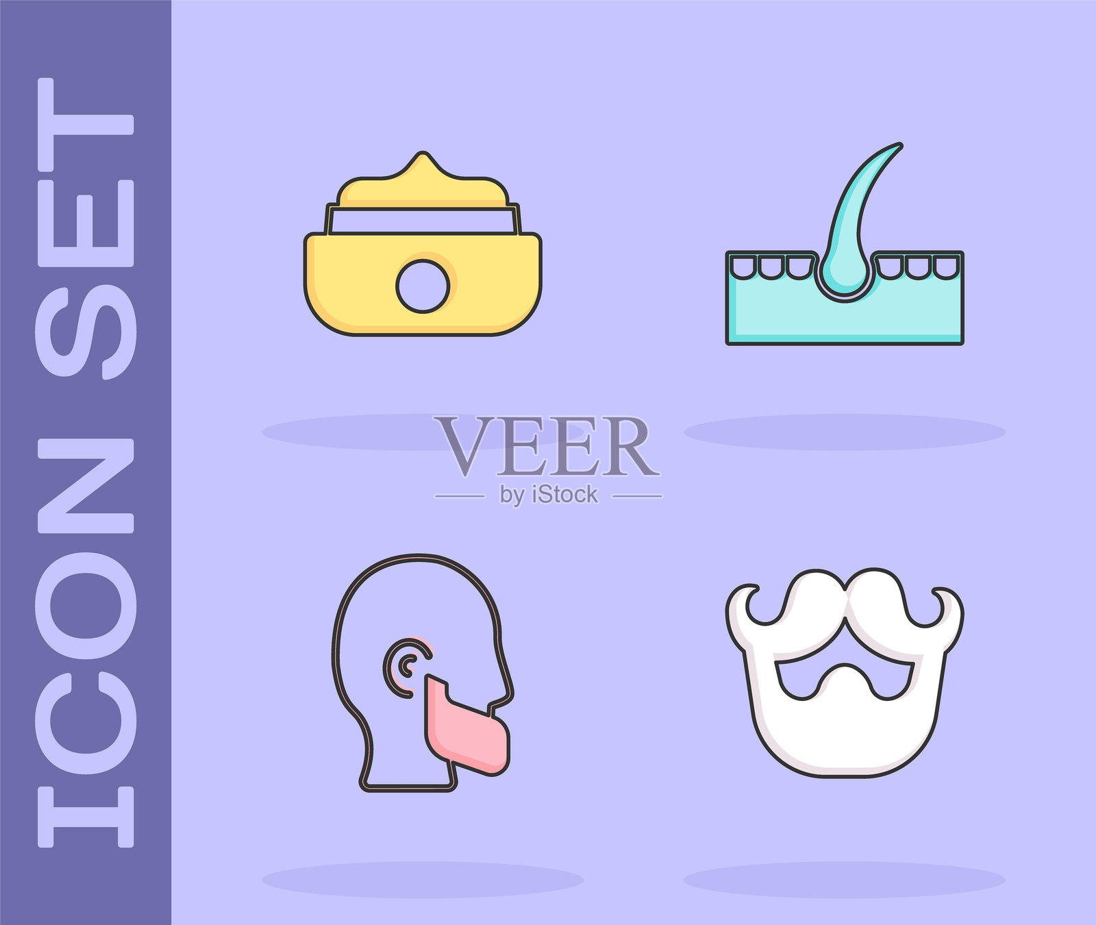 设置胡子和胡须，啫喱或蜡头发造型，和人类毛囊图标。向量插画图片素材