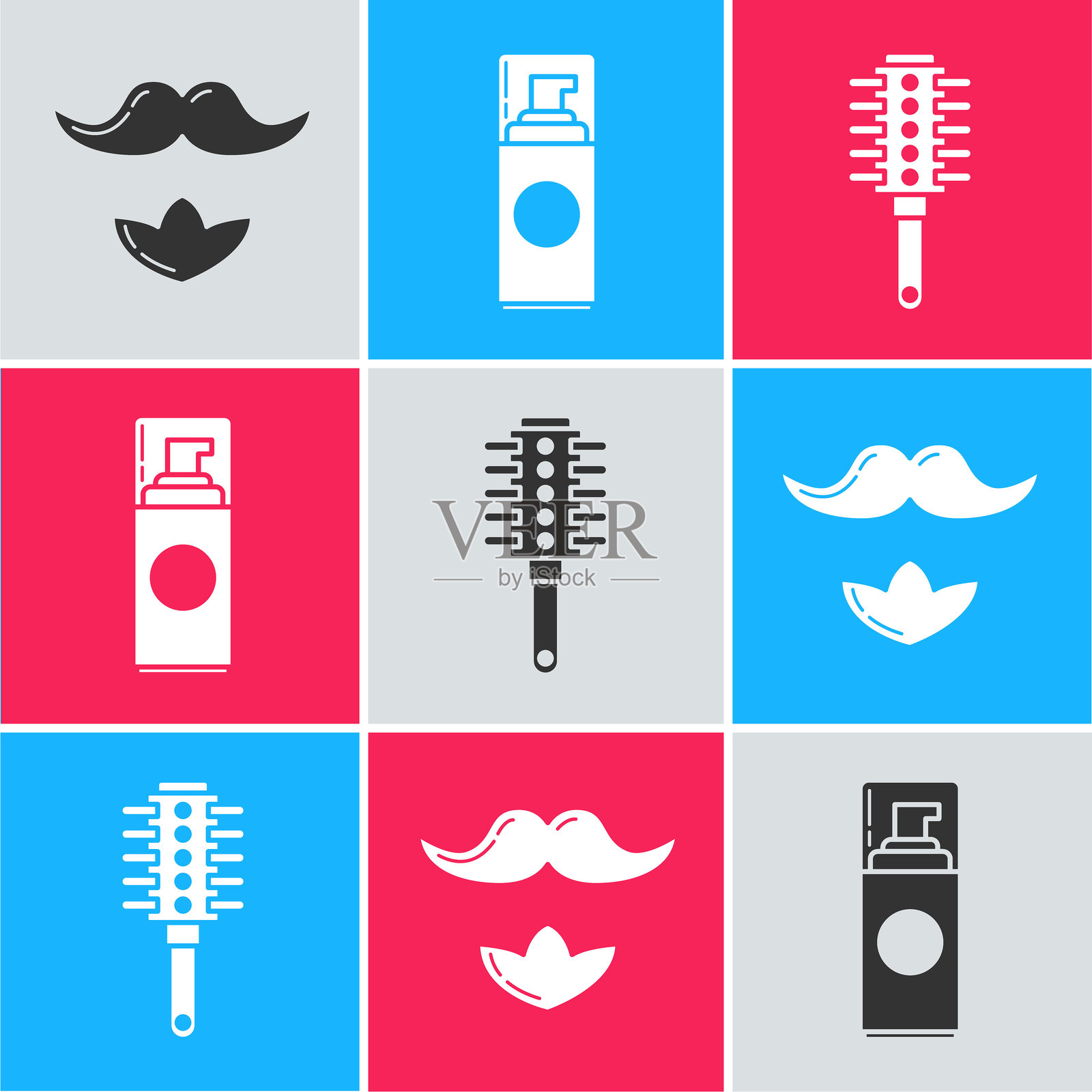 设定胡子和胡子，剃须啫喱泡沫和发刷图标。向量插画图片素材