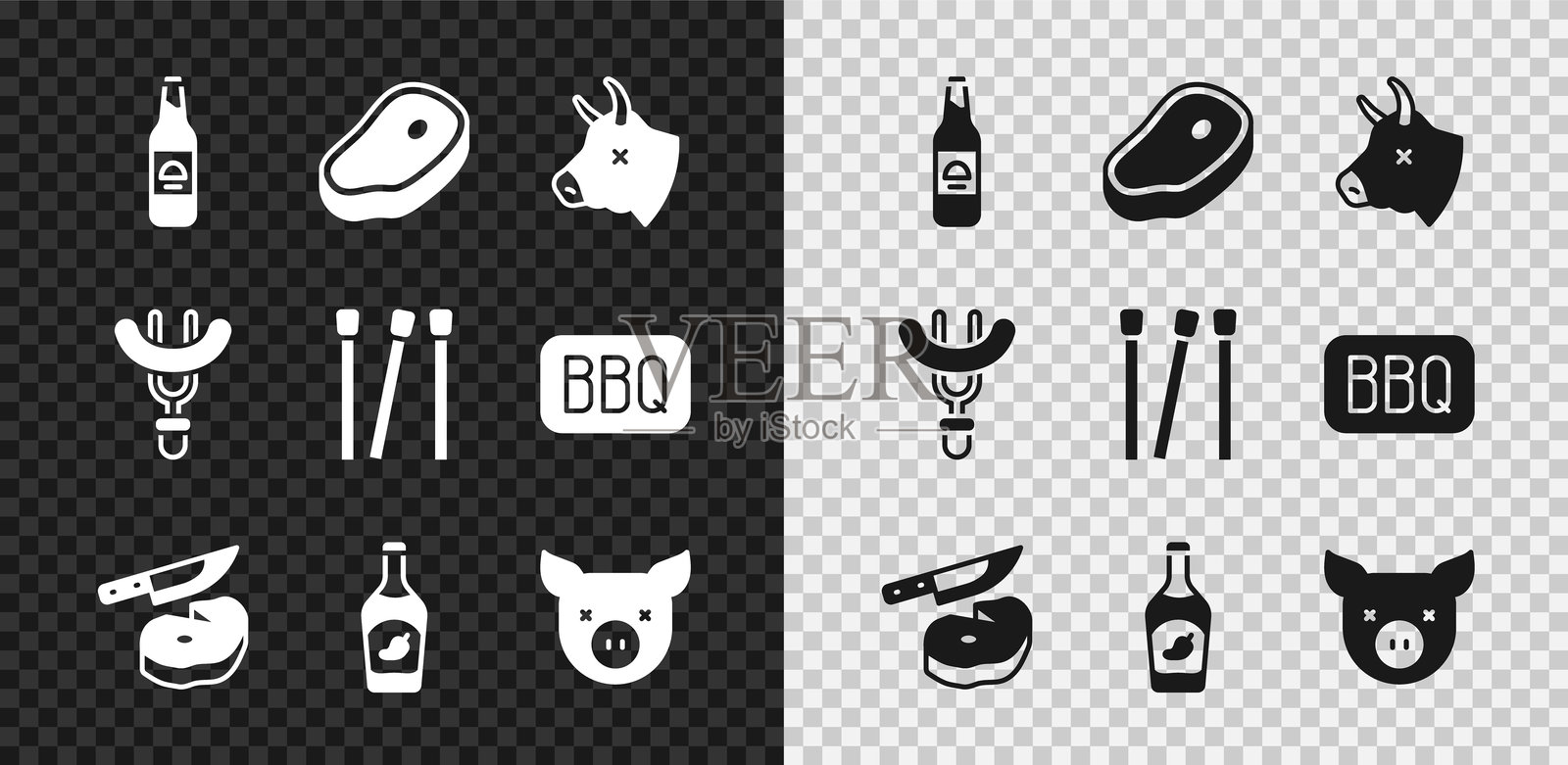 设置啤酒瓶，牛排肉，牛头，和刀，番茄酱，猪，香肠上的叉子和火柴图标。向量插画图片素材