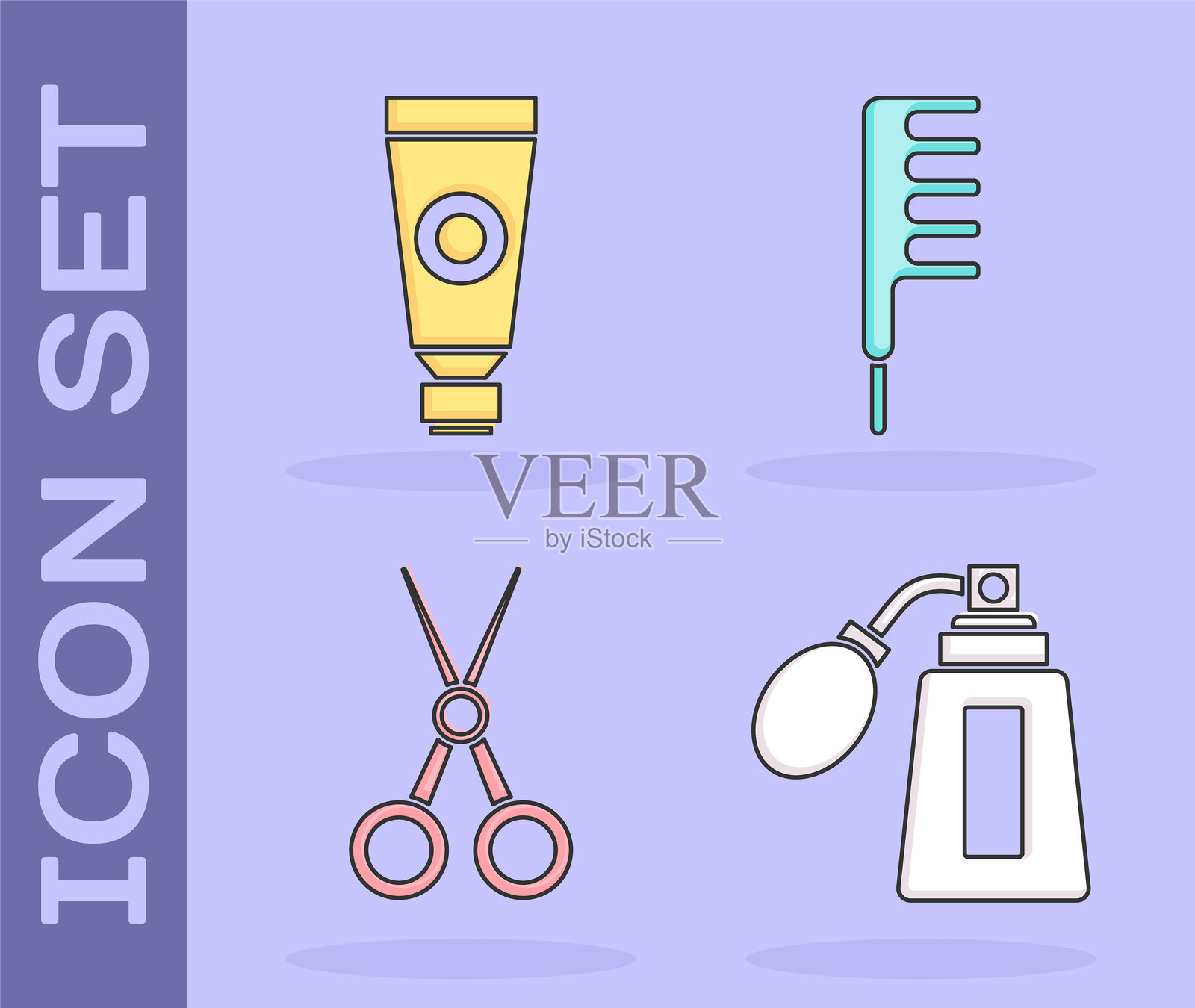 集须后水瓶与雾化器，面霜或乳液化妆品管，剪刀理发师和发刷图标。向量插画图片素材