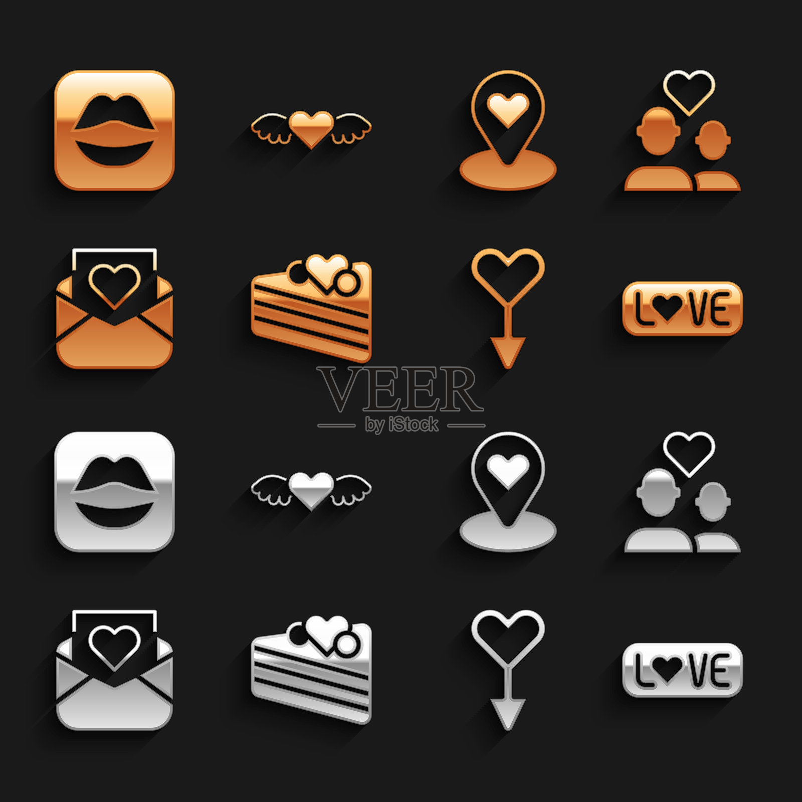 集婚礼蛋糕，情侣，文字，女性性别符号，信封与情人节的心，位置，微笑的嘴唇和心脏翅膀图标。向量插画图片素材