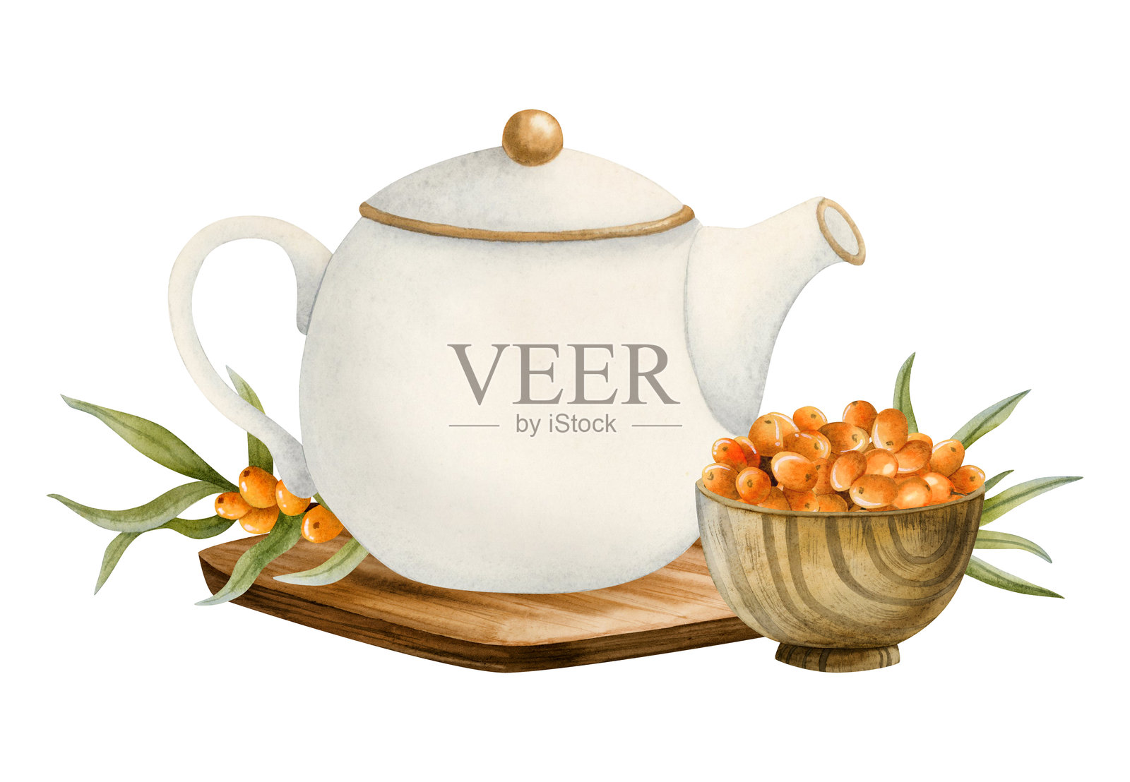 水彩茶壶木制板与沙棘浆果在碗水彩孤立插图有机咖啡馆菜单，草药茶包装和优雅的质朴设计插画图片素材