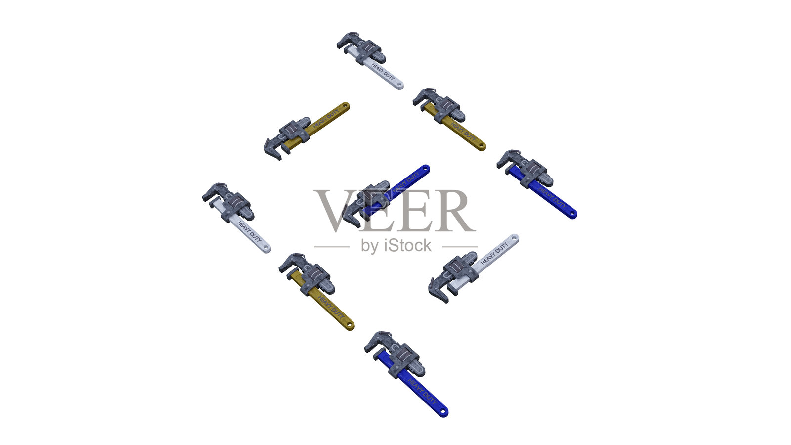 3D渲染不同颜色的管钳，孤立在白色背景上，呈方形设计。3D插图照片摄影图片