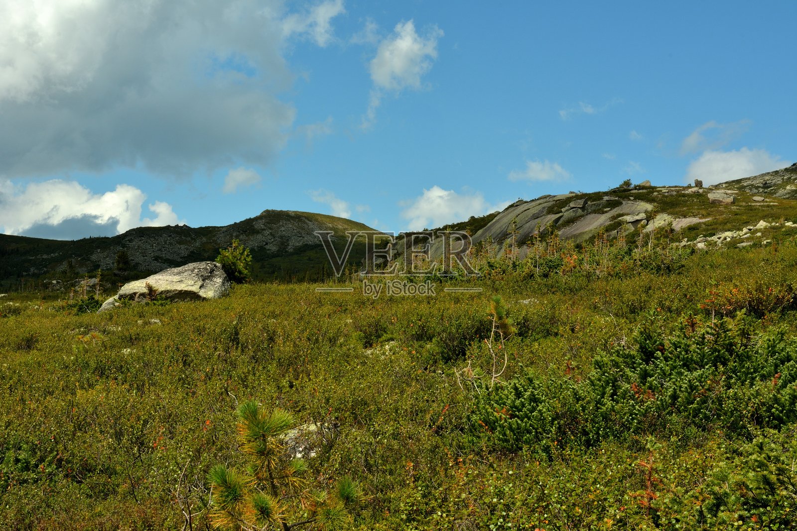 高耸的岩石山脚下长满了高草，温和的坡度下是阴云密布的夏季天空。照片摄影图片