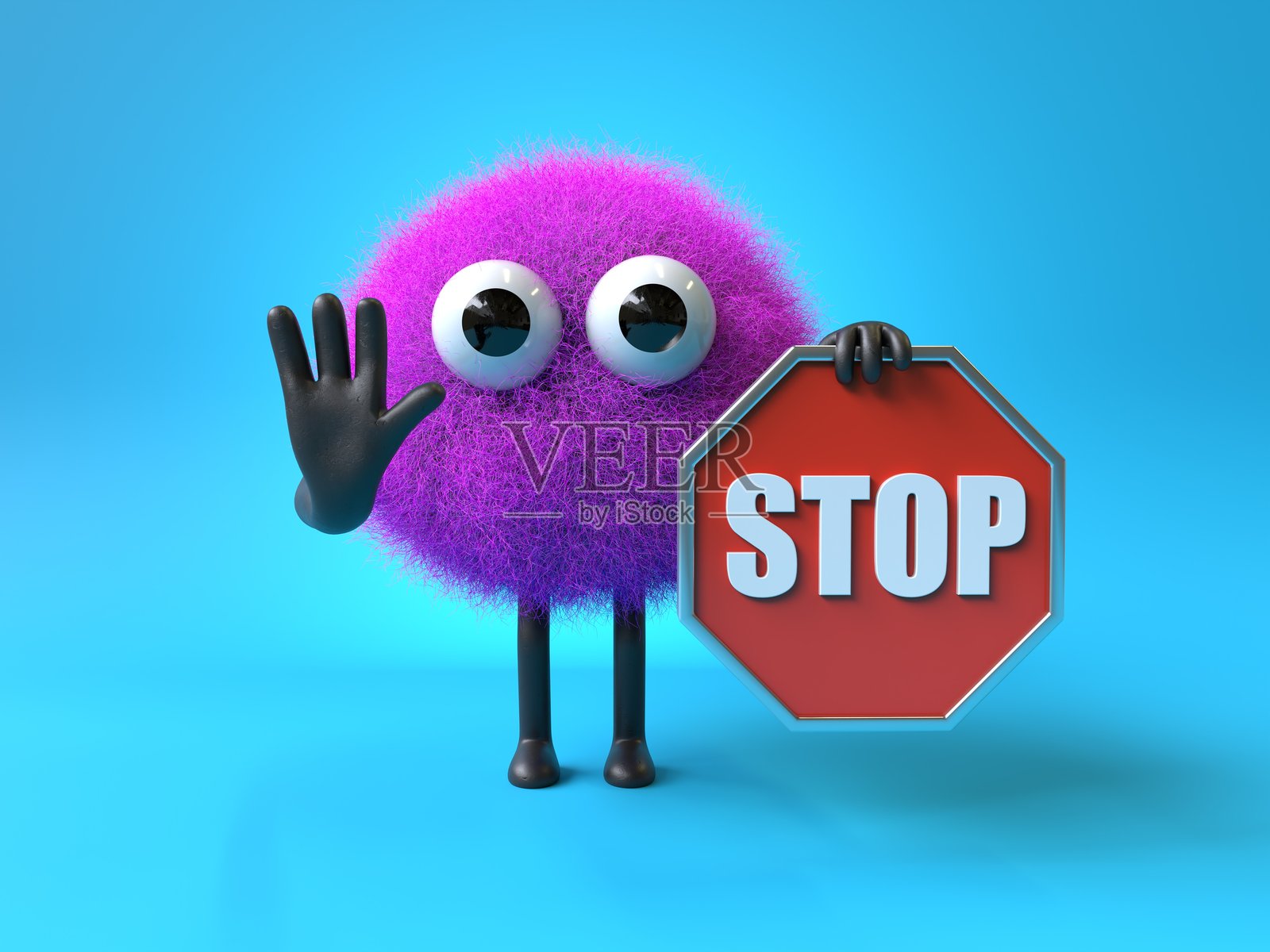 毛茸茸、可爱的怪兽拿着一个停车标志照片摄影图片