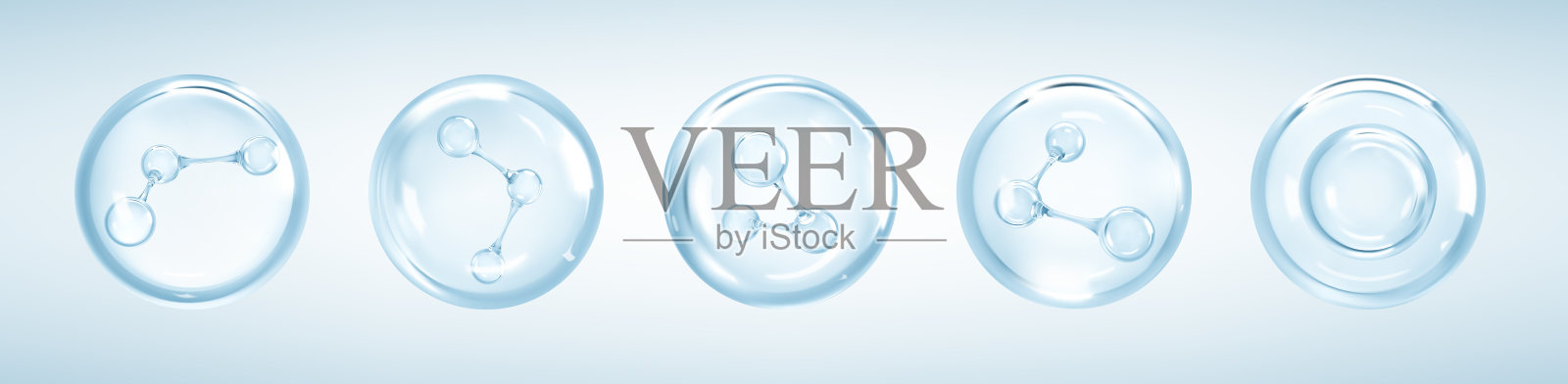 蓝色背景下气泡内的分子。胶原蛋白精华气泡。美容精华。透明质酸。护肤产品。护肤化妆品解决方案概念。矢量3D插图。插画图片素材