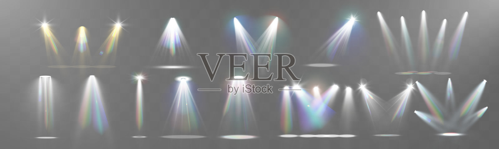 逼真的白色和多彩聚光灯，带有光束和反射。插画图片素材