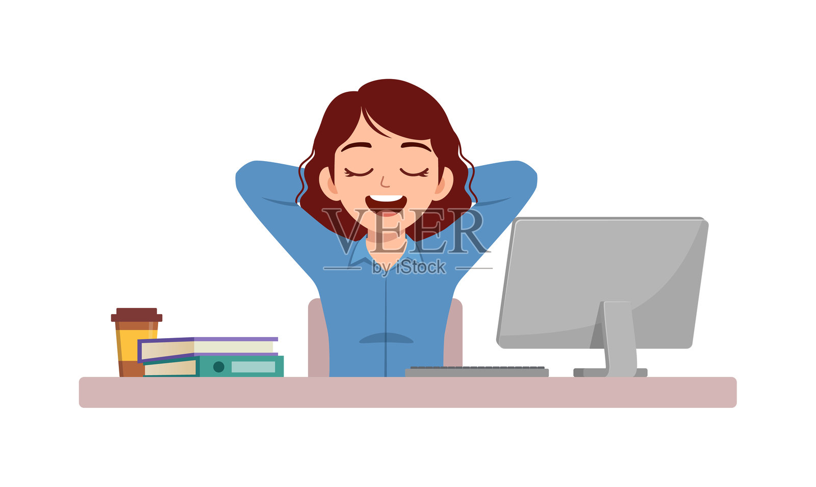 女员工坐在办公桌前工作，感到放松。插画图片素材
