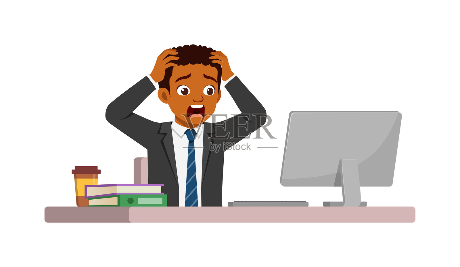男员工坐在办公桌前工作，突然尖叫并感到恐慌。插画图片素材