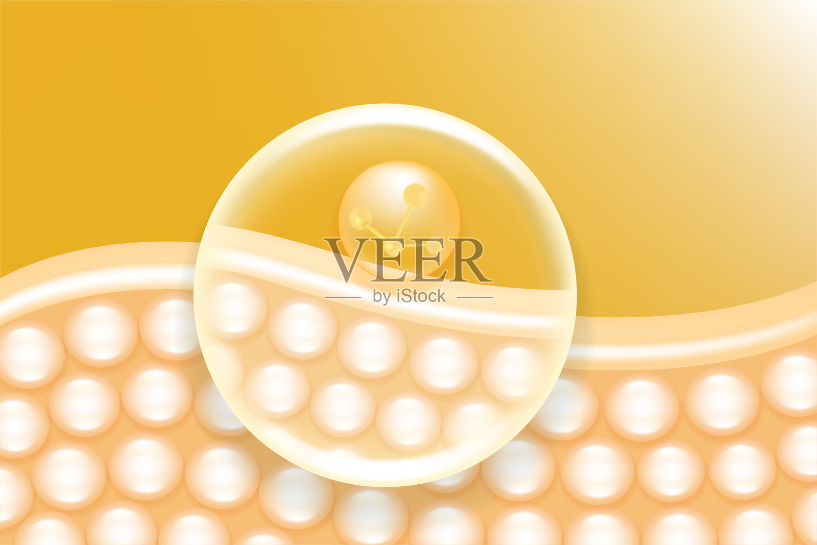 透明质酸和烟酰胺护肤解决方案广告。金色胶原蛋白精华滴入皮肤细胞，背景为化妆品广告，随时可用，插图矢量。插画图片素材