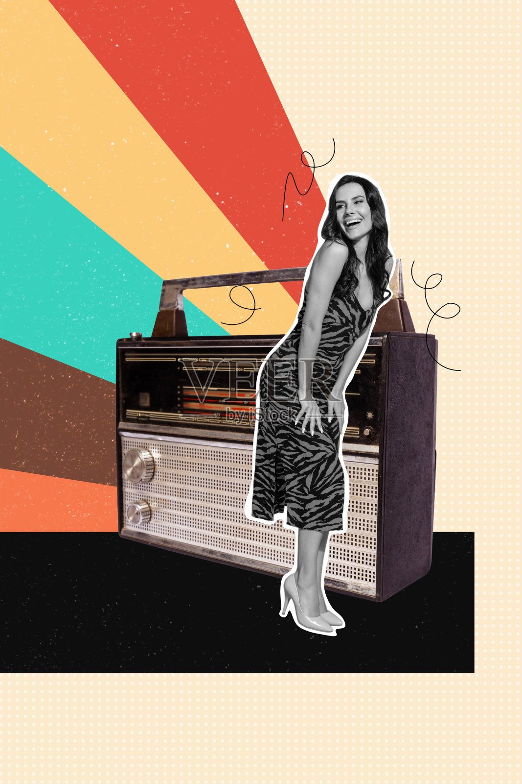 垂直艺术创意趋势拼贴，快乐女孩在派对庆祝活动中跳舞，享受音响音乐，放松的场合照片摄影图片