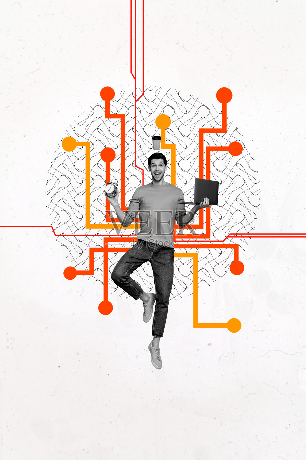 趋势艺术作品创意素描照片拼贴，展示一个在网络空间中多任务处理的男人，手中平衡着笔记本电脑和咖啡杯，正在休息，面临截止日期。照片摄影图片