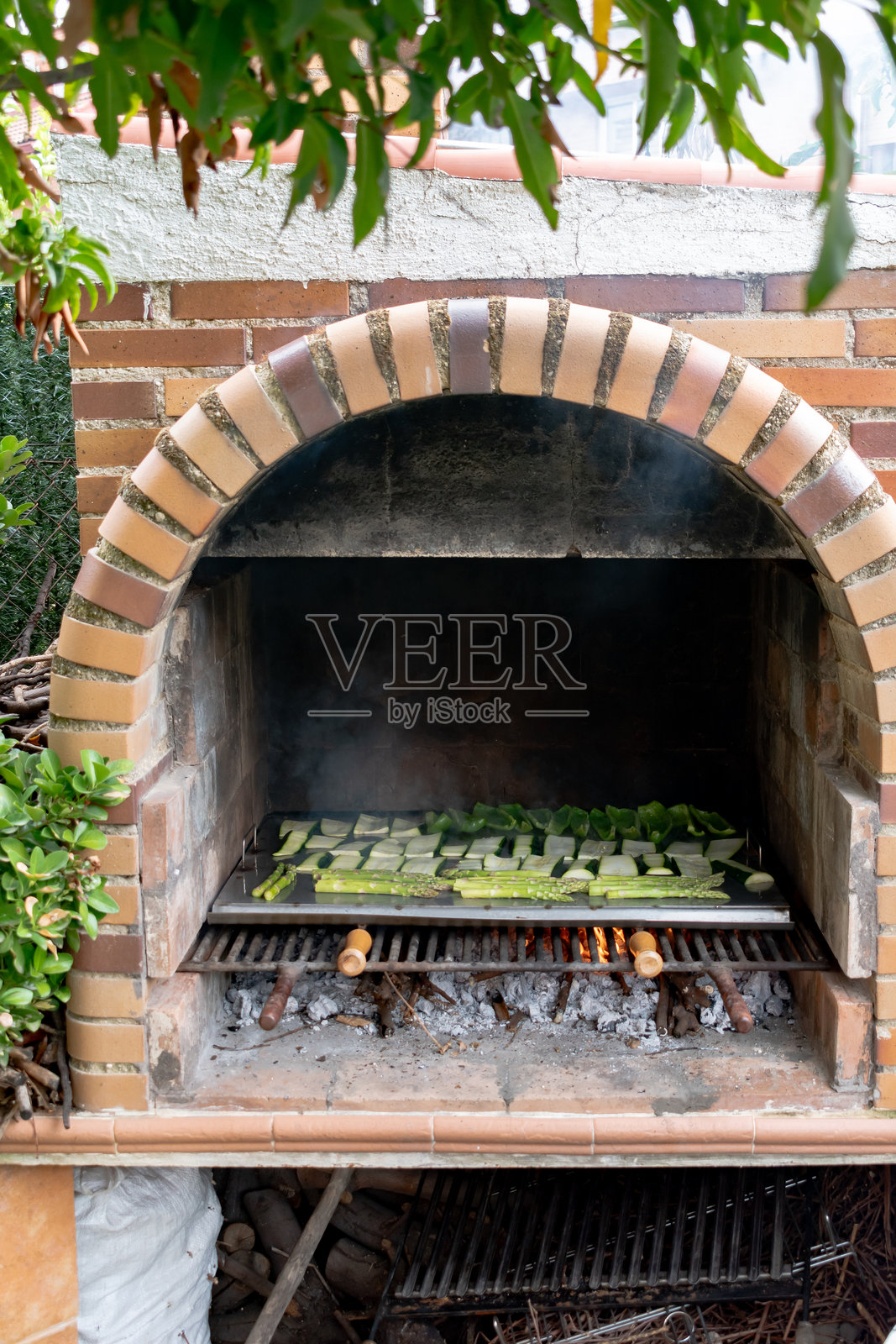 砖砌烤架正面视图，上面放着蔬菜。户外烧烤。素食。留白空间。竖版图片。照片摄影图片
