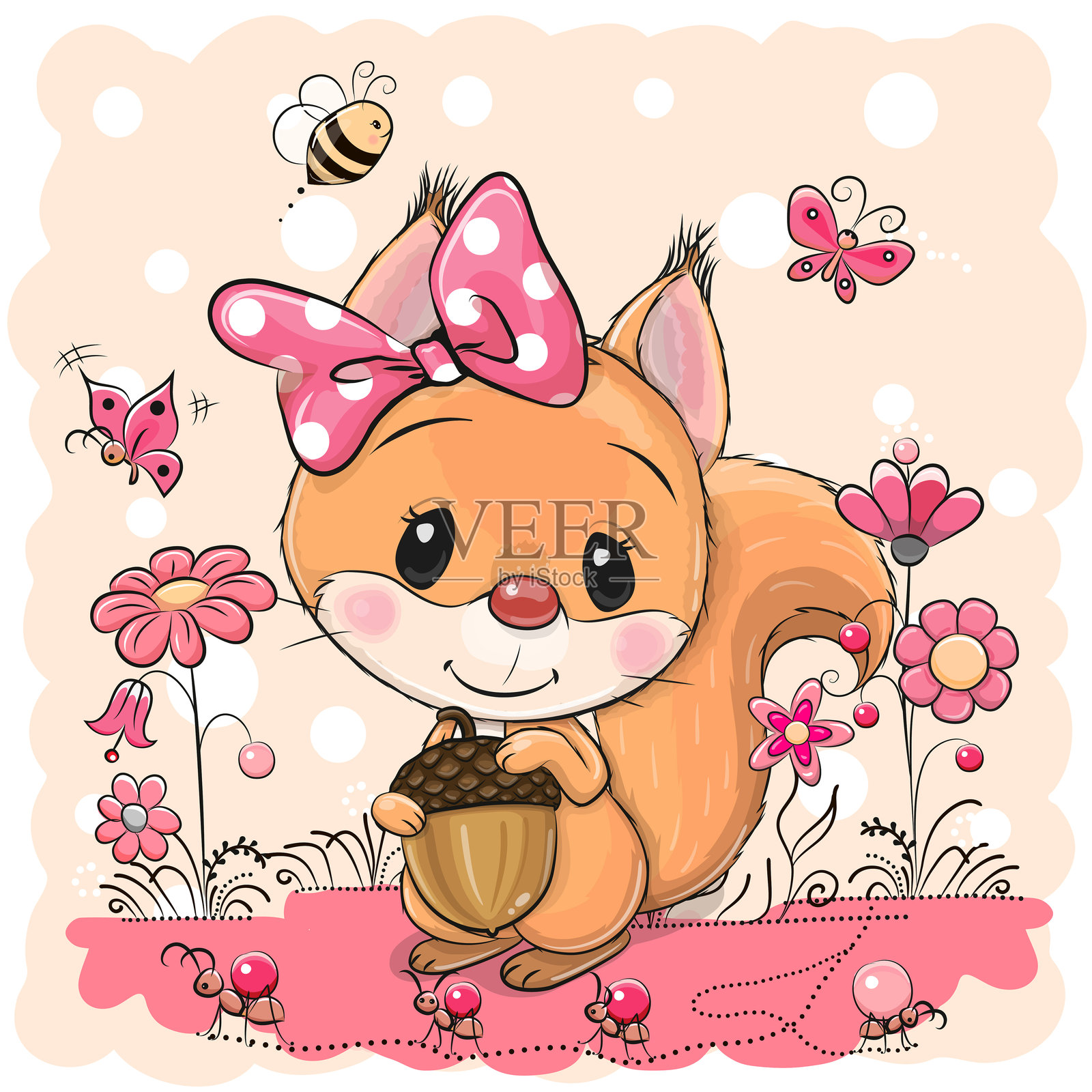 草地上的卡通松鼠与橡果插画图片素材