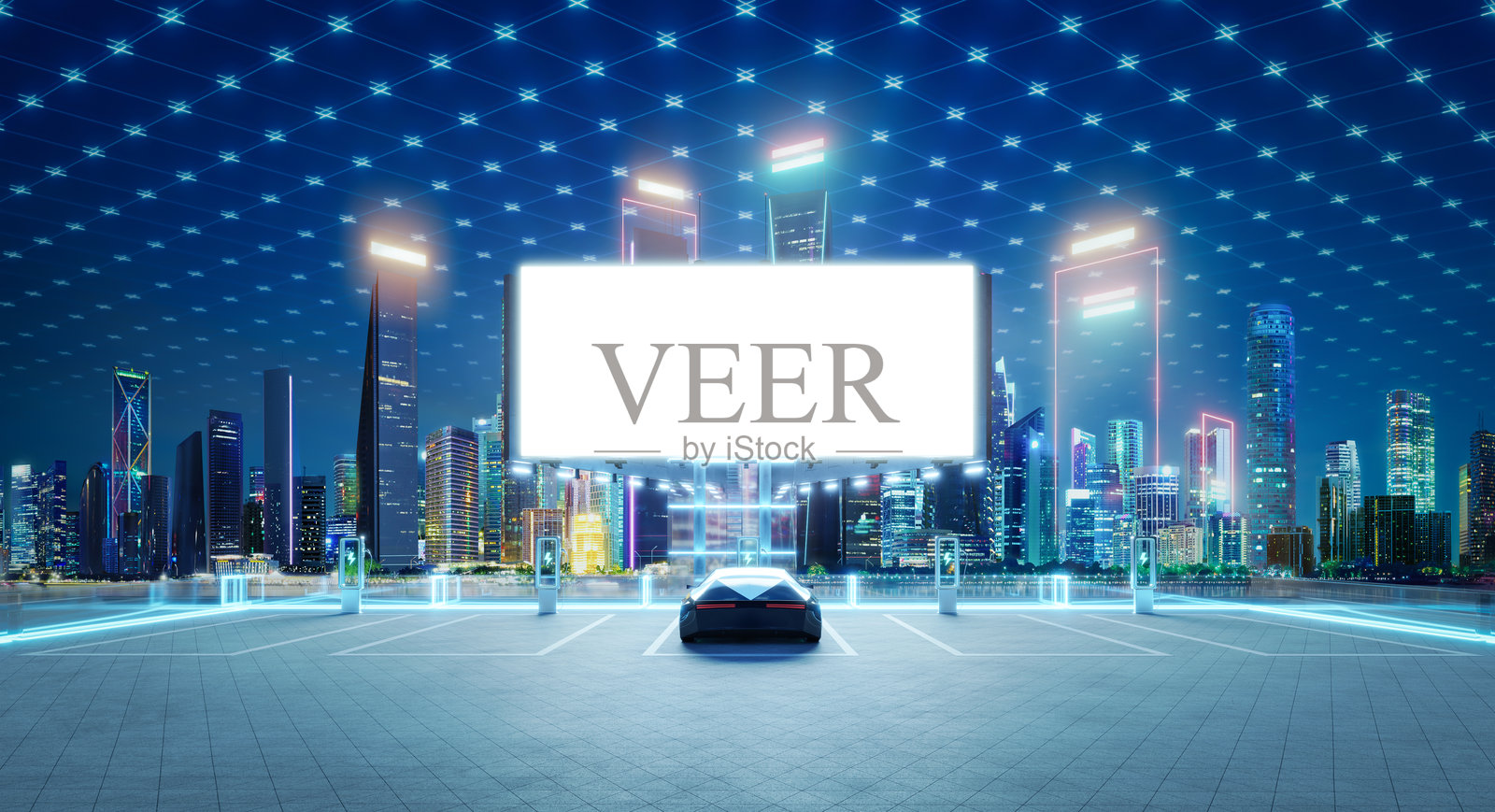 未来停车场的电动车充电，背景是空白广告牌和城市景观照片摄影图片