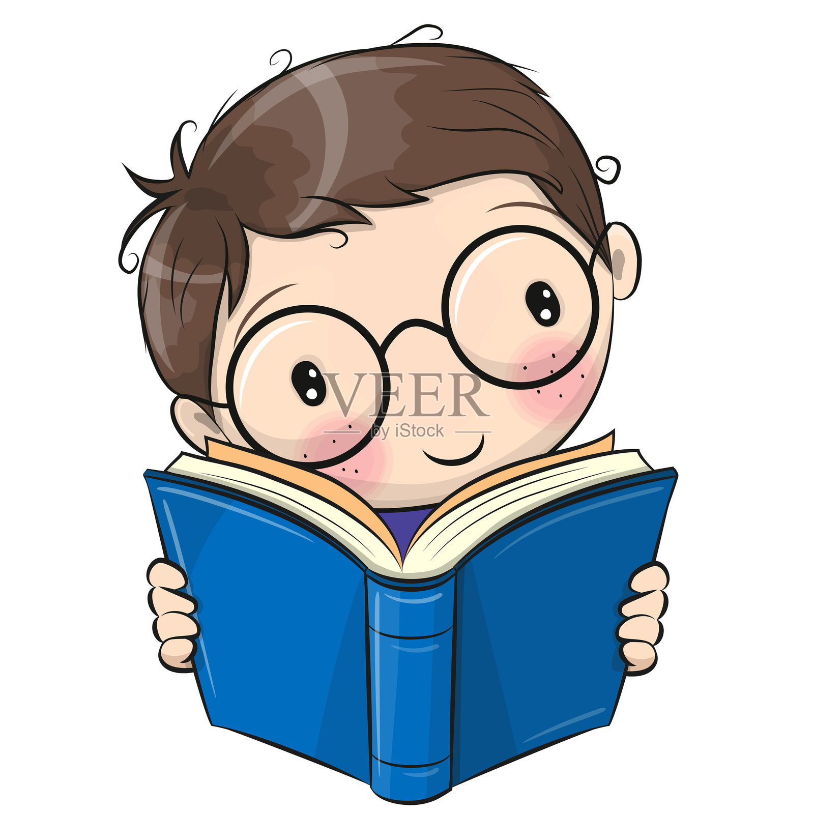 卡通男孩在白色背景上独自阅读一本书插画图片素材