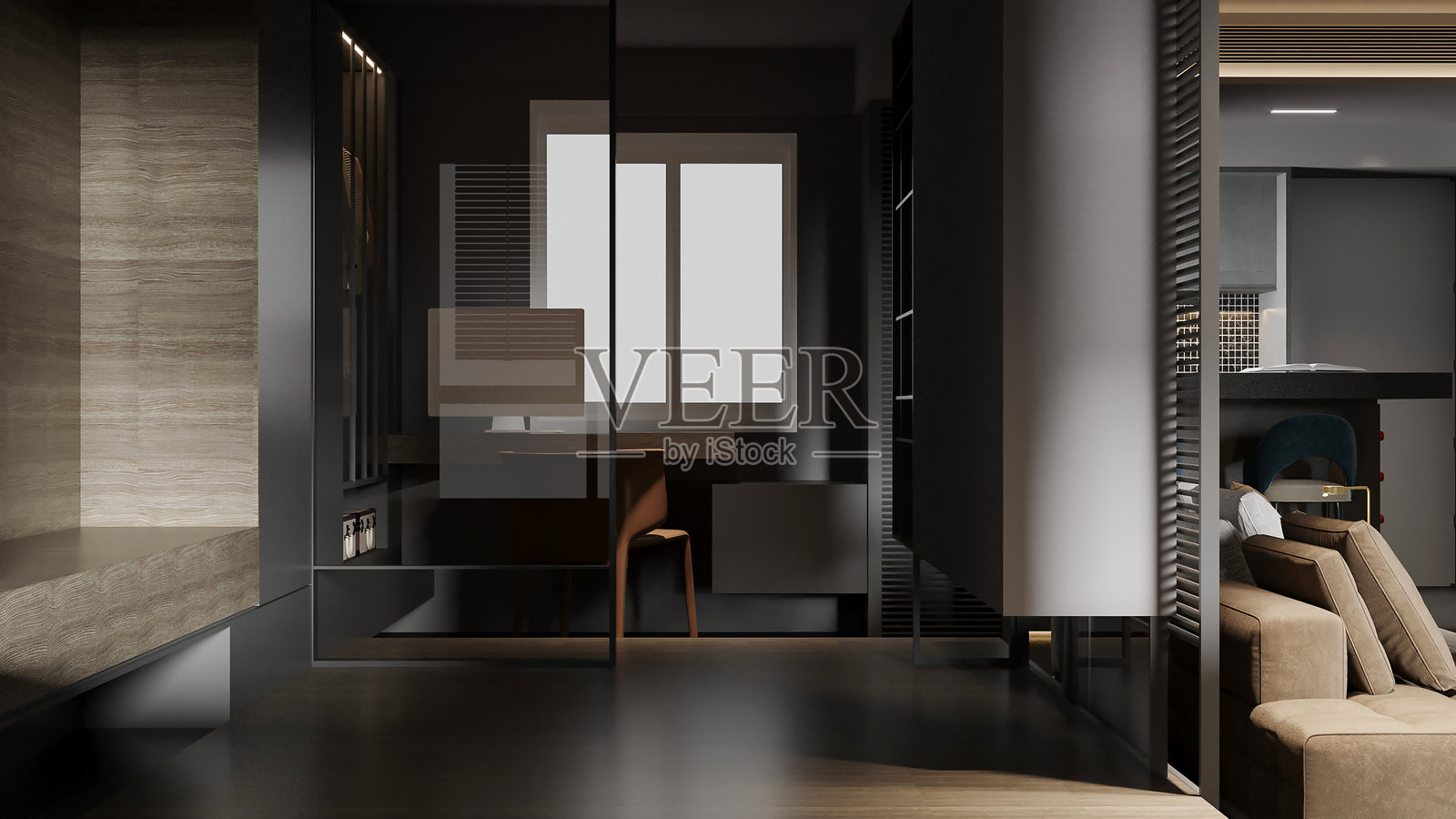 现代黑暗过渡空间，配有玻璃隔断和部分客厅视野照片摄影图片