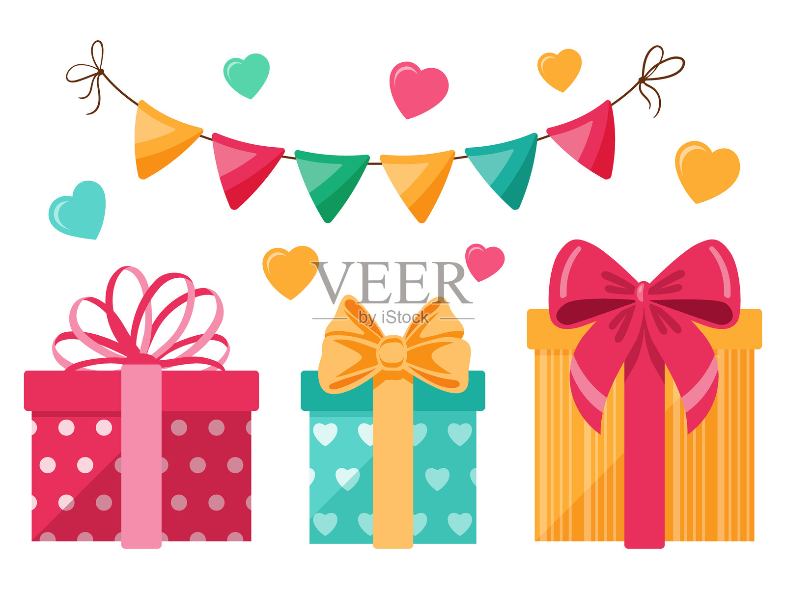 一组色彩缤纷的礼品盒和欢快的节日横幅。矢量插图。插画图片素材