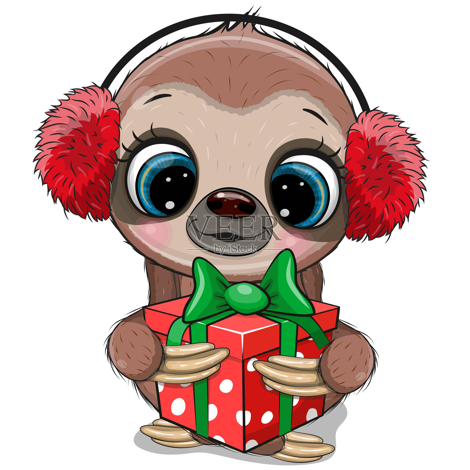 戴着毛绒耳机的卡通树懒与礼物插画图片素材