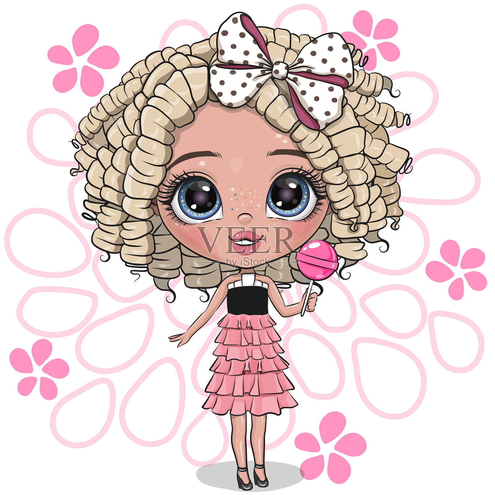 卡通金发女孩，手持蝴蝶结和棒棒糖插画图片素材