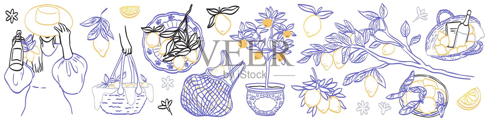 意大利阿马尔菲夏季度假与柠檬涂鸦风格插图集。手绘的意大利海岸、海洋或沙滩元素的矢量墨水图。适合海滩派对、野餐、婚礼邀请的海洋周末系列。插画图片素材