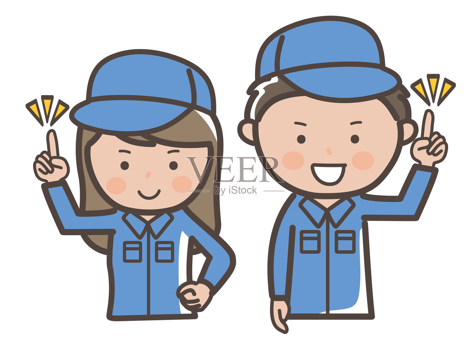 男性和女性清洁工穿着工作服的上半身插图，用于说明要点插画图片素材