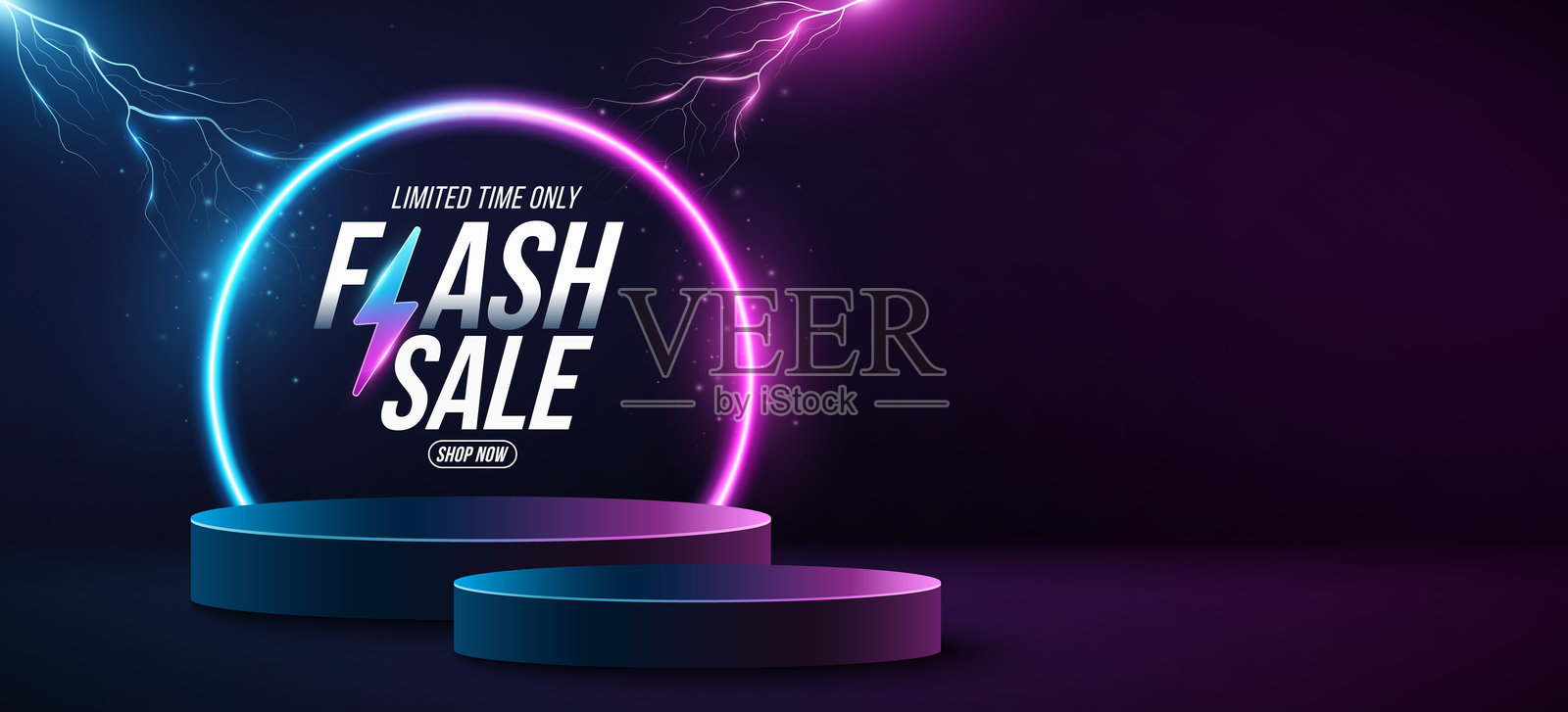 3D讲台，带有闪电效果和发光霓虹弧形，适用于限时抢购。展示您品牌产品的底座。商业广告模板设计。矢量插图。插画图片素材