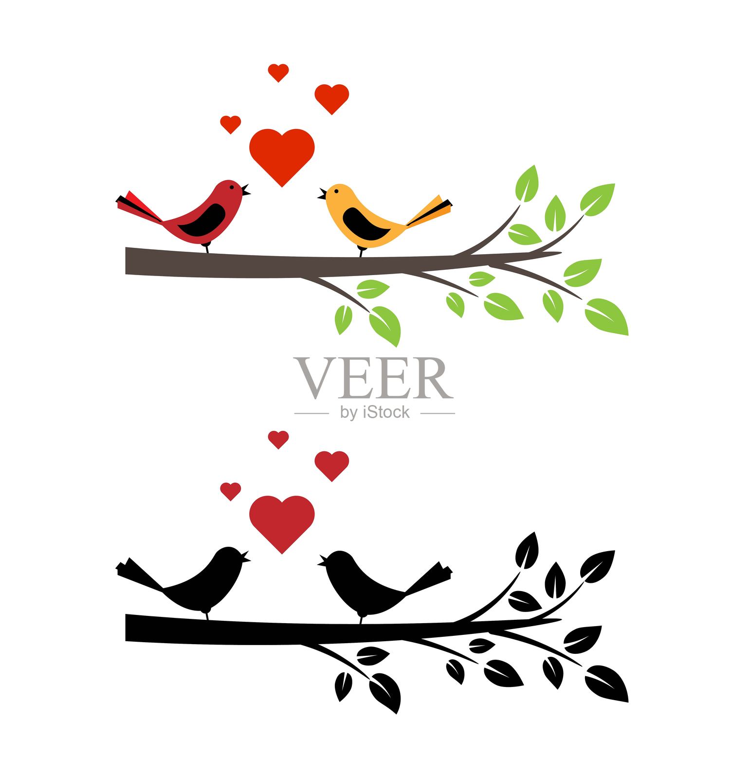 两只相爱的鸟儿在树枝上，周围有心形图案插画图片素材