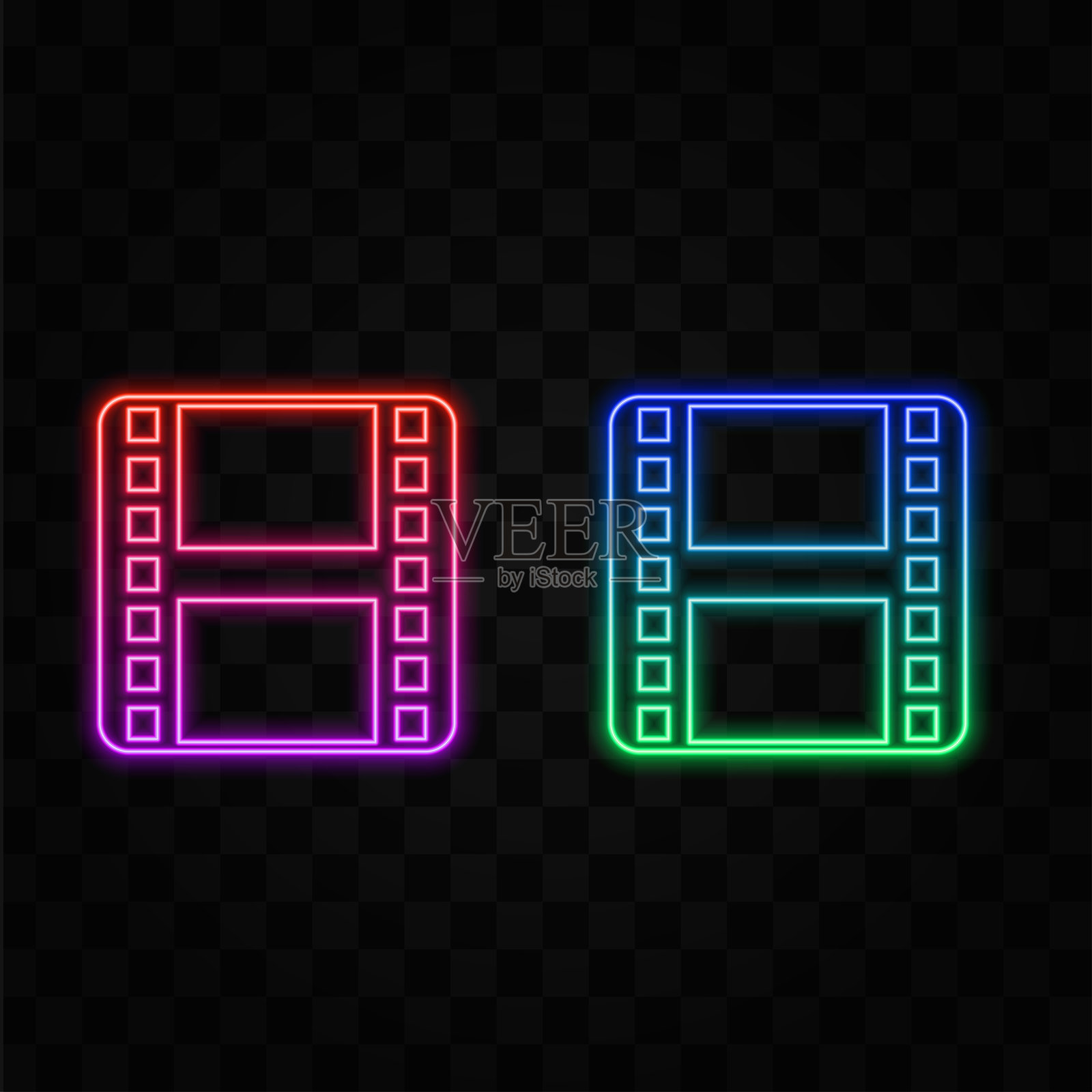 电影图标。可编辑矢量轮廓。霓虹风格。平面符号，电影胶卷或照片条，独立于白色背景。单一图标。插画图片素材