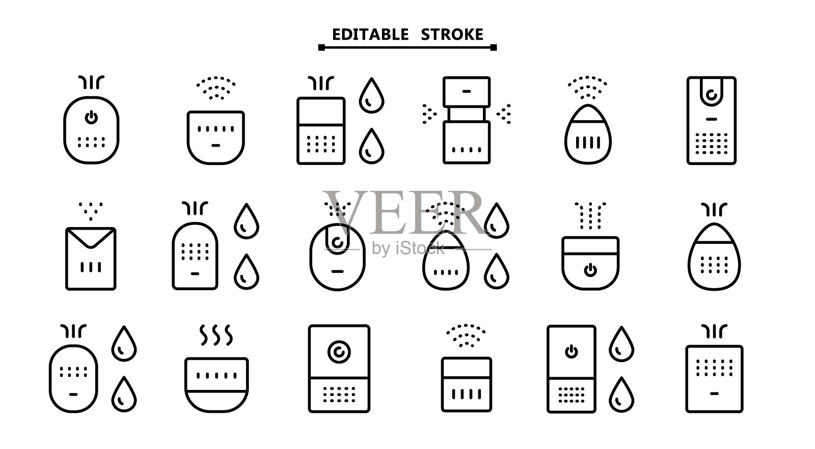 空气净化器和加湿器机器图标集。可编辑的线条。家用空气净化过滤设备。家庭气候。湿度含量。简单的空气加湿器图标。插画图片素材