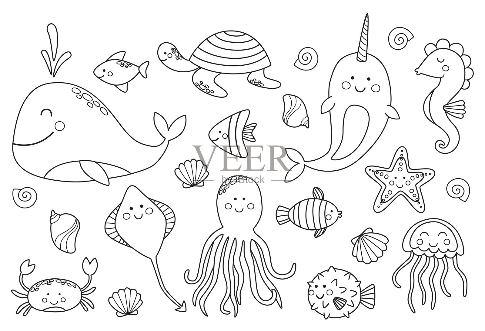 一组可爱的线条海洋动物插画图片素材