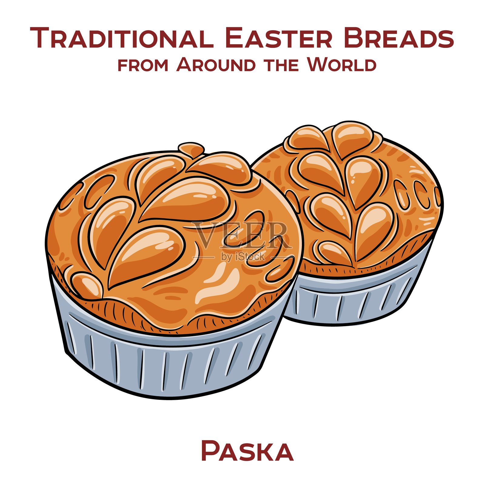帕斯卡是乌克兰传统的复活节面包，通常编织而成，富含鸡蛋和黄油，象征着基督的复活。插画图片素材
