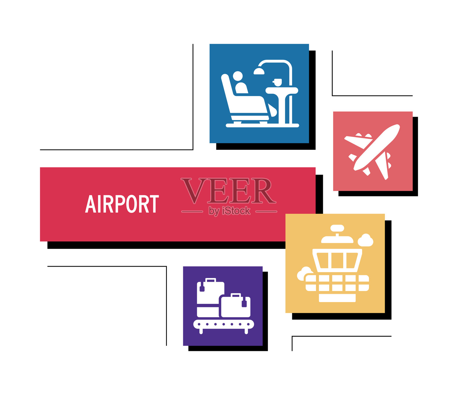 机场相关矢量插图。飞机、旅行、乘客、控制、登机、票、登机口、休息酒吧、机场航站楼。插画图片素材